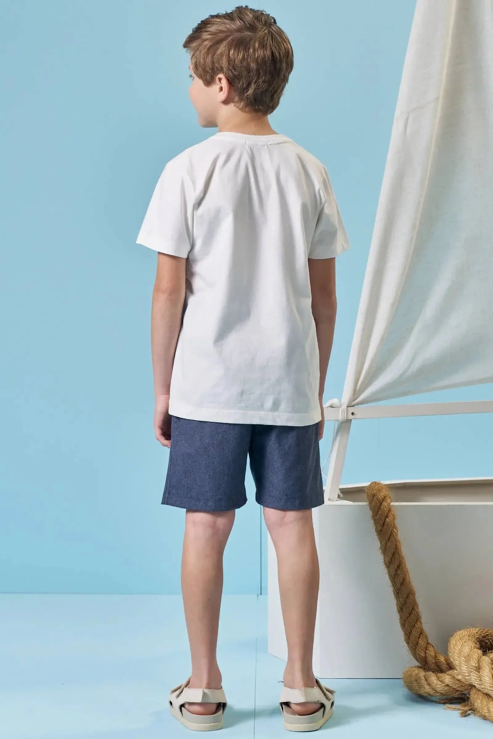 Conjunto Camiseta em Meia Malha e Bermuda em Cotton Jeans com Elastano 95436 LucBoo Infantil Menino