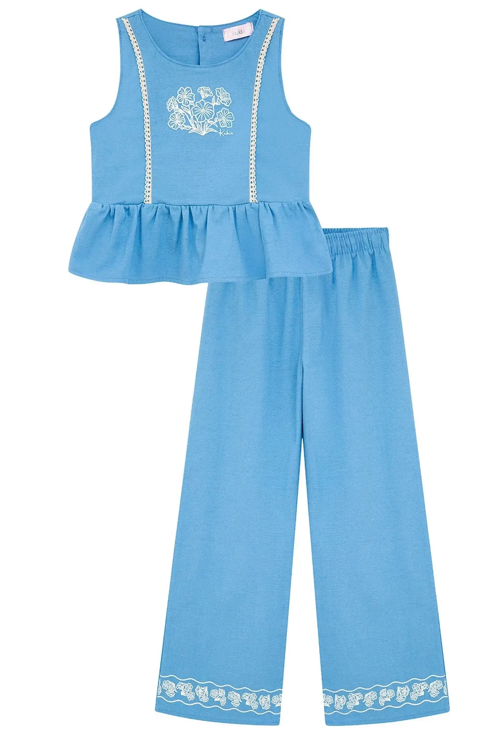 Conjunto de Bata e Calça Wide Leg em Linho Santorine 95879 Kukiê Infantil Menina