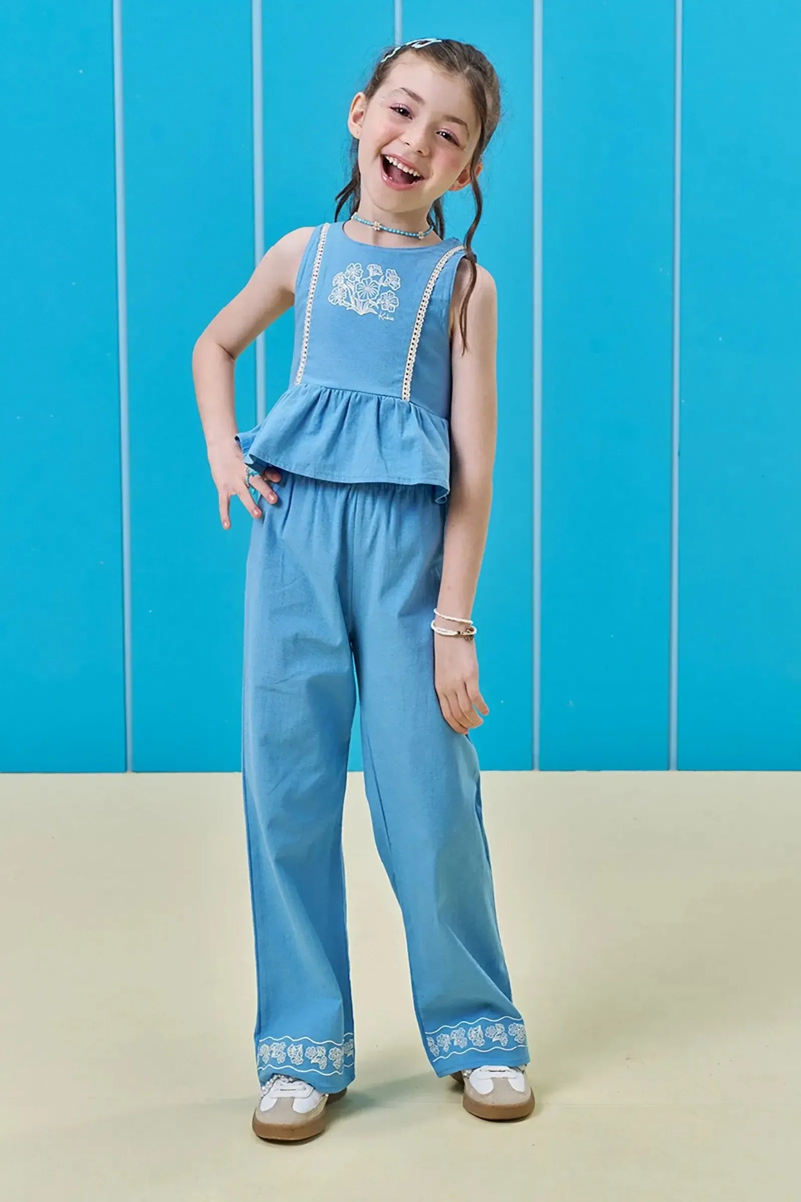 Conjunto de Bata e Calça Wide Leg em Linho Santorine 95879 Kukiê Infantil Menina