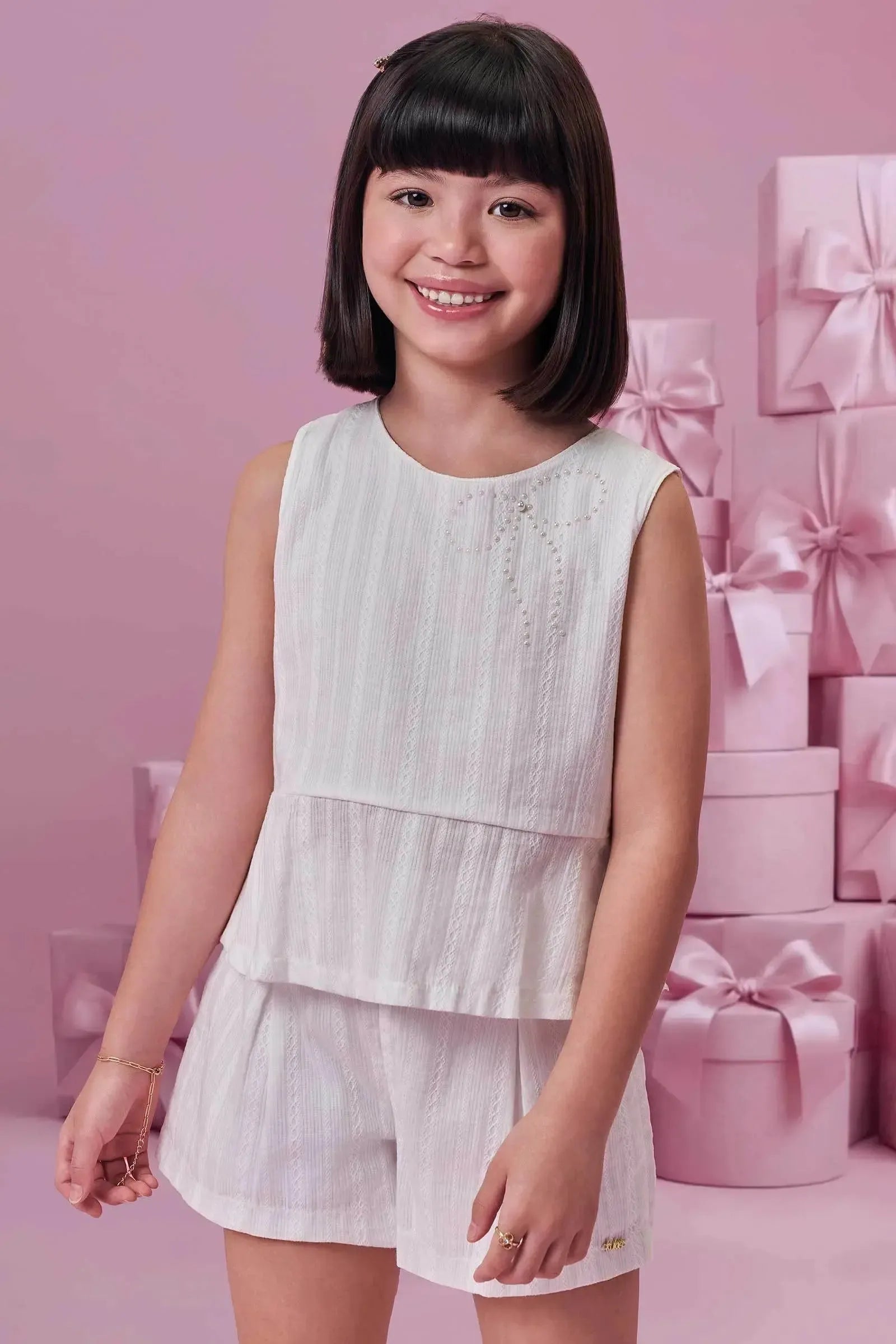 Conjunto de Bata e Shorts em Tricoline Textura Listrada 100% Algodão 99655 Kukiê Infantil Menina