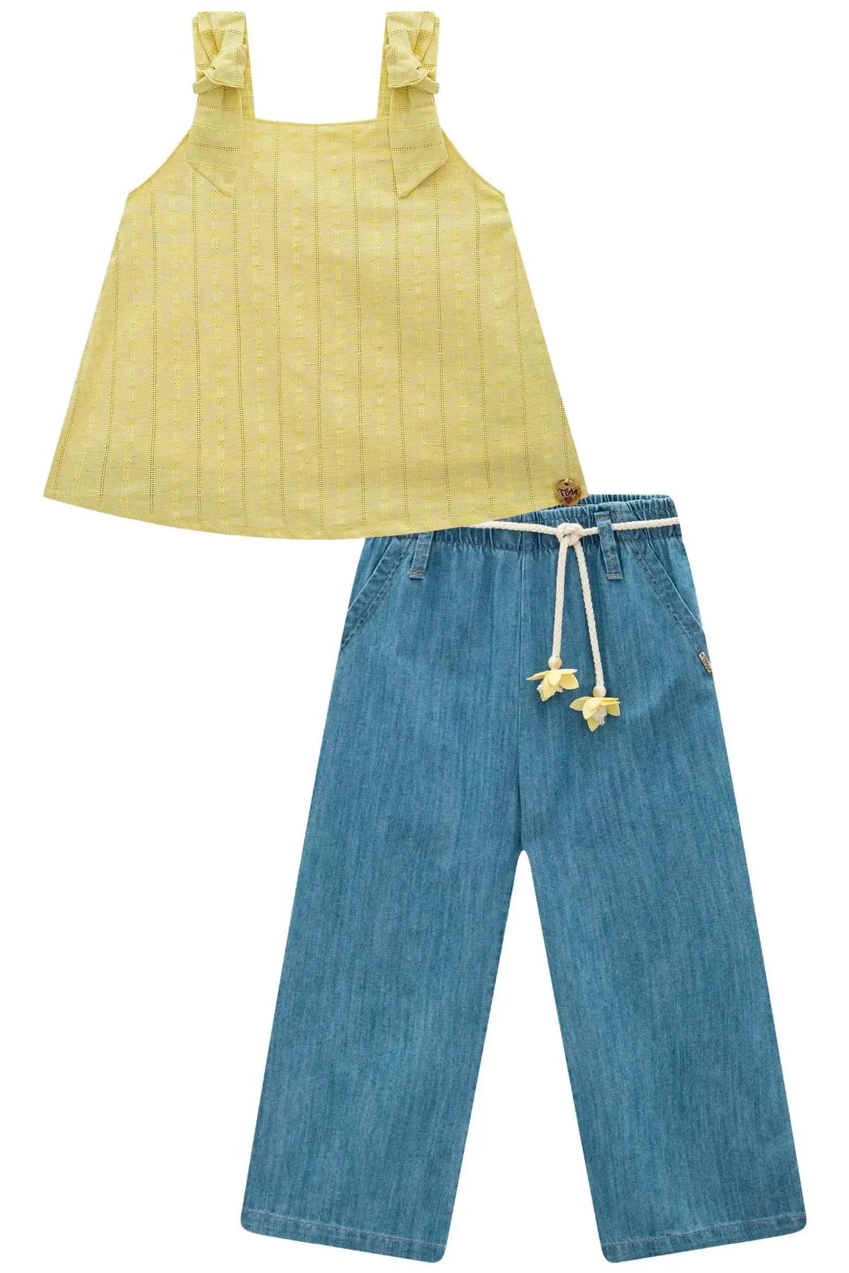 Conjunto de Bata em Blend de Linho Bordado com Calça Mariner em Jeans 98883 Infanti Infantil Menina