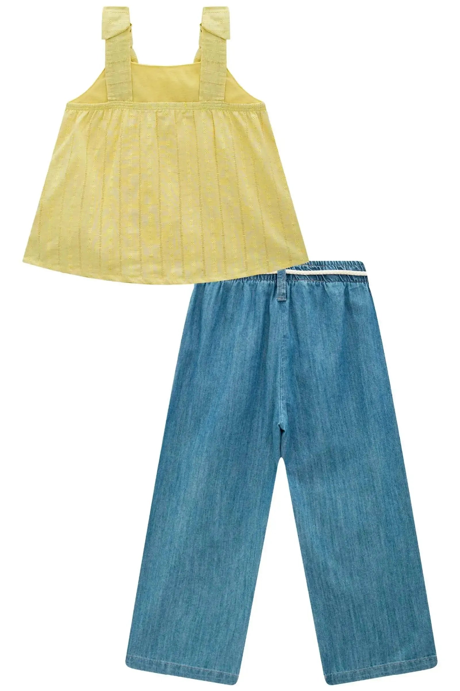 Conjunto de Bata em Blend de Linho Bordado com Calça Mariner em Jeans 98883 Infanti Infantil Menina