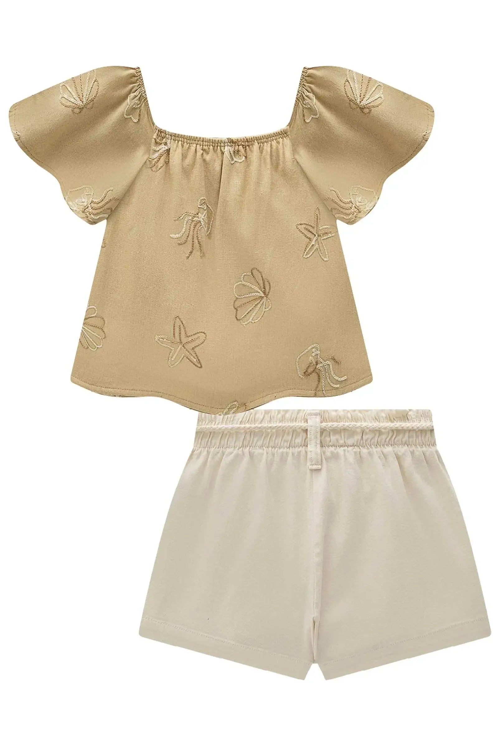 Conjunto de Bata em Blend de Linho Bordado e Short Saia em Sarja com Elastano 96496 Infanti Infantil Menina