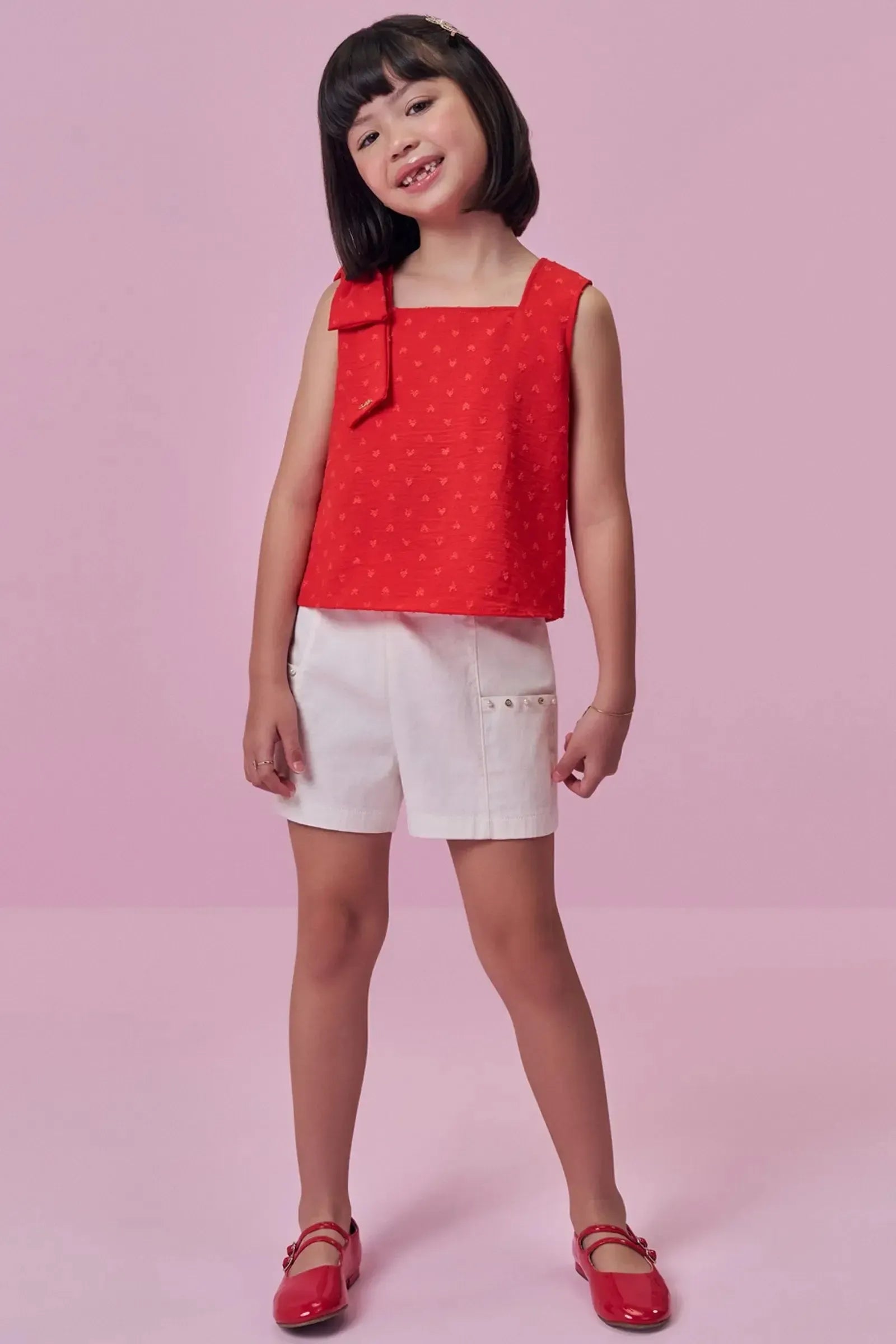 Conjunto de Bata em Crepe Textura e Shorts em Sarja com Elastano 98682 Kukiê Infantil Menina