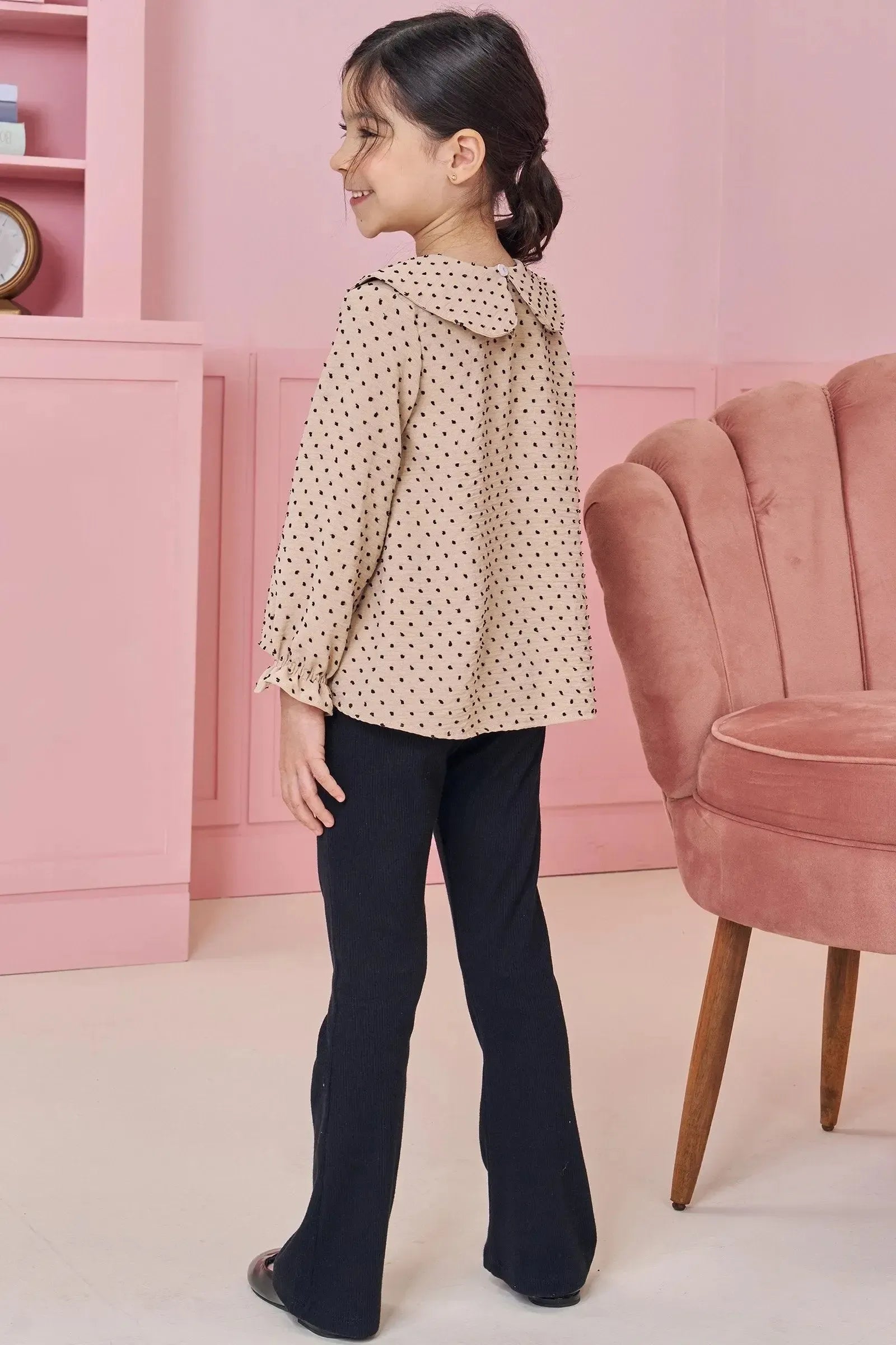 Conjunto de Bata em Crepe Textura Poá e Calça Boot Cut em Canelado 90920 Kukiê Infantil Menina