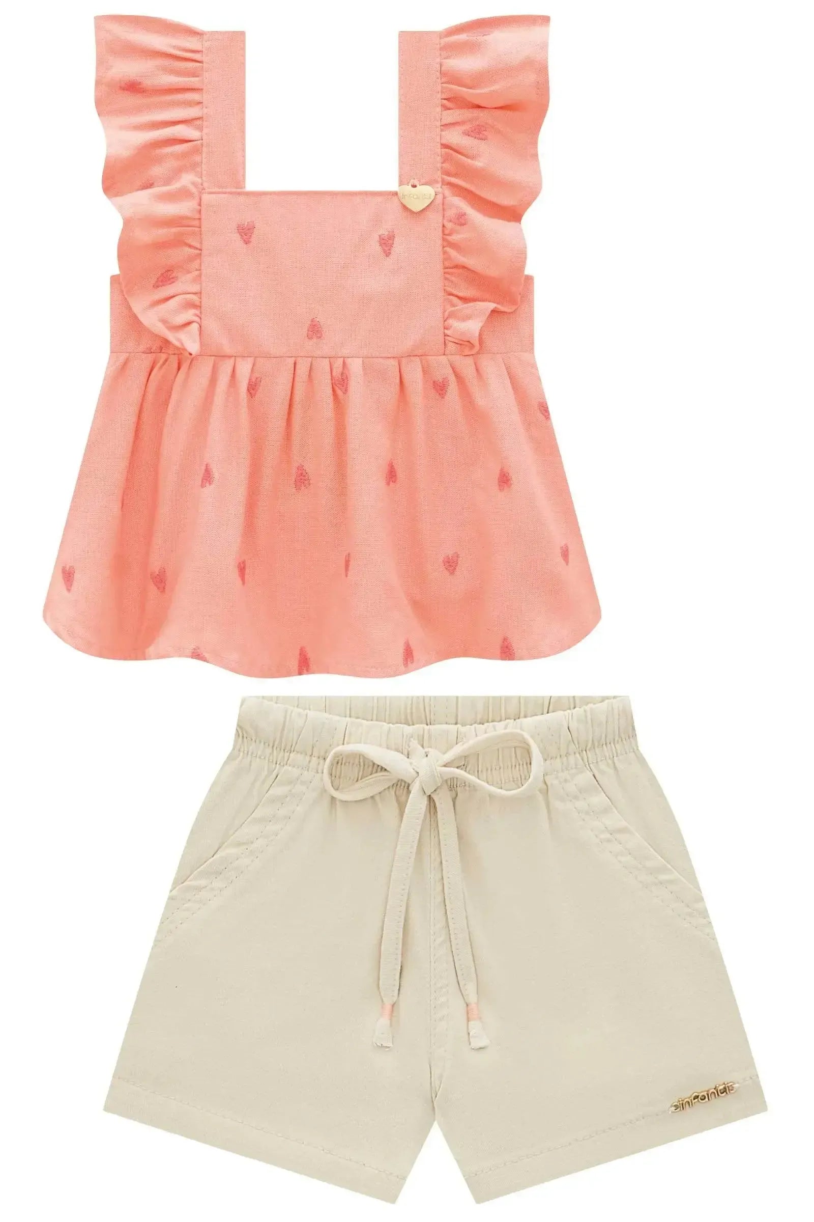 Conjunto de Bata em Linho Bordado Corações e Shorts em Sarja com Elastano 96913 Infanti Infantil Menina