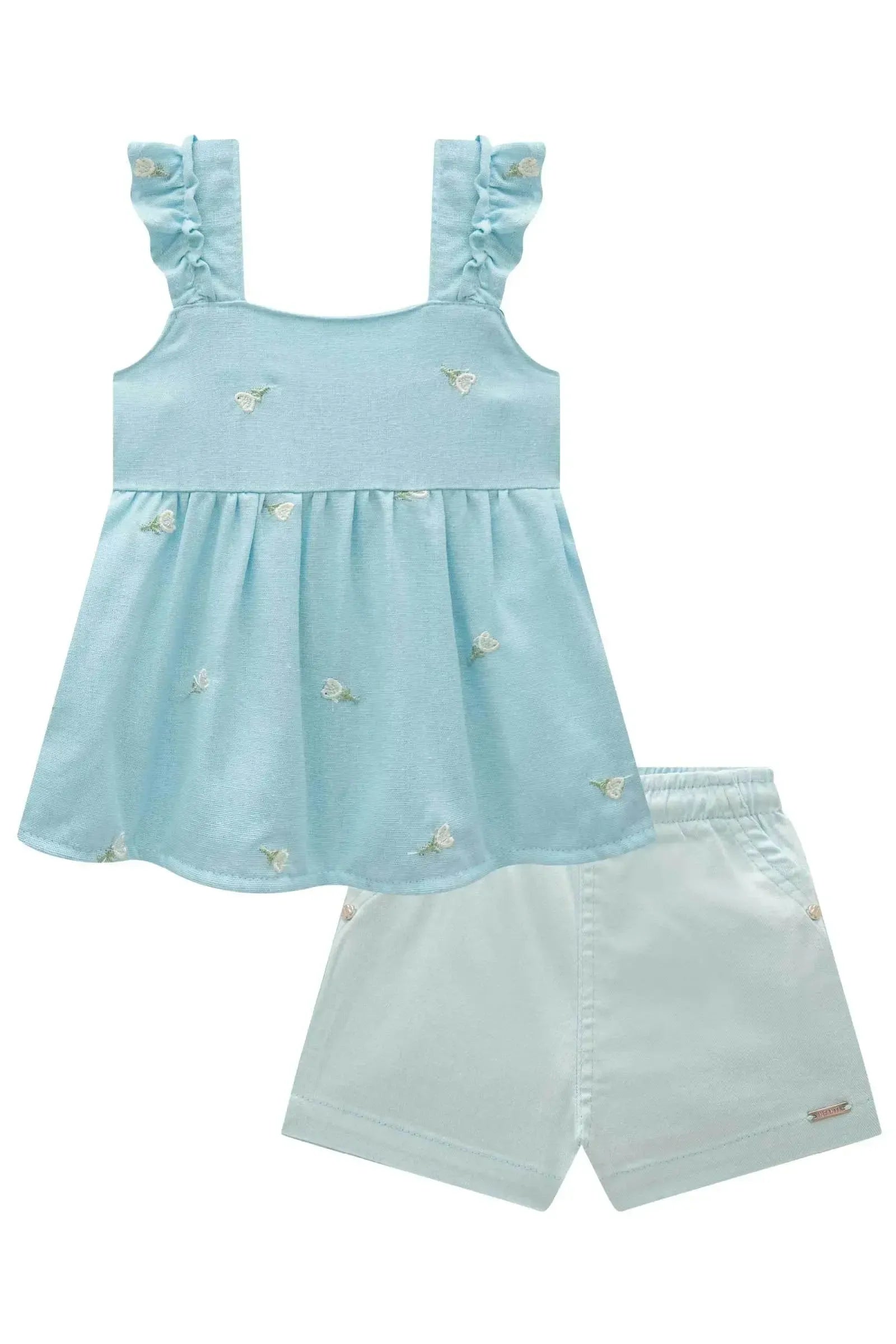 Conjunto de Bata em Linho Bordado Flores e Shorts em Sarja com Elastano 83947 Infanti Bebê Menina
