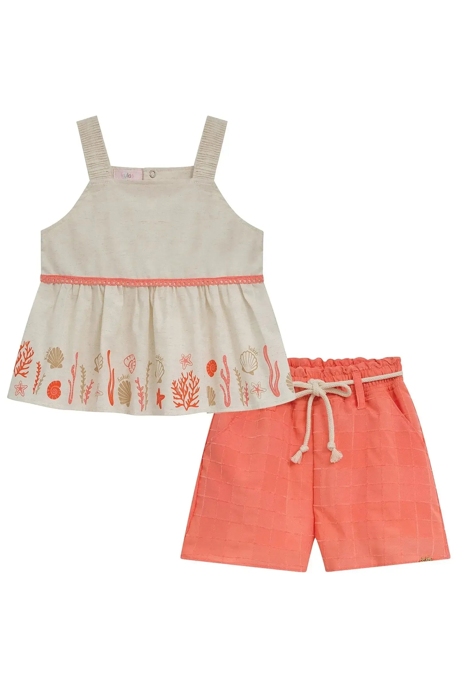 Conjunto de Bata em Linho Deluxe e Shorts em Tecido Grid Chenille 95889 Kukiê Infantil Menina