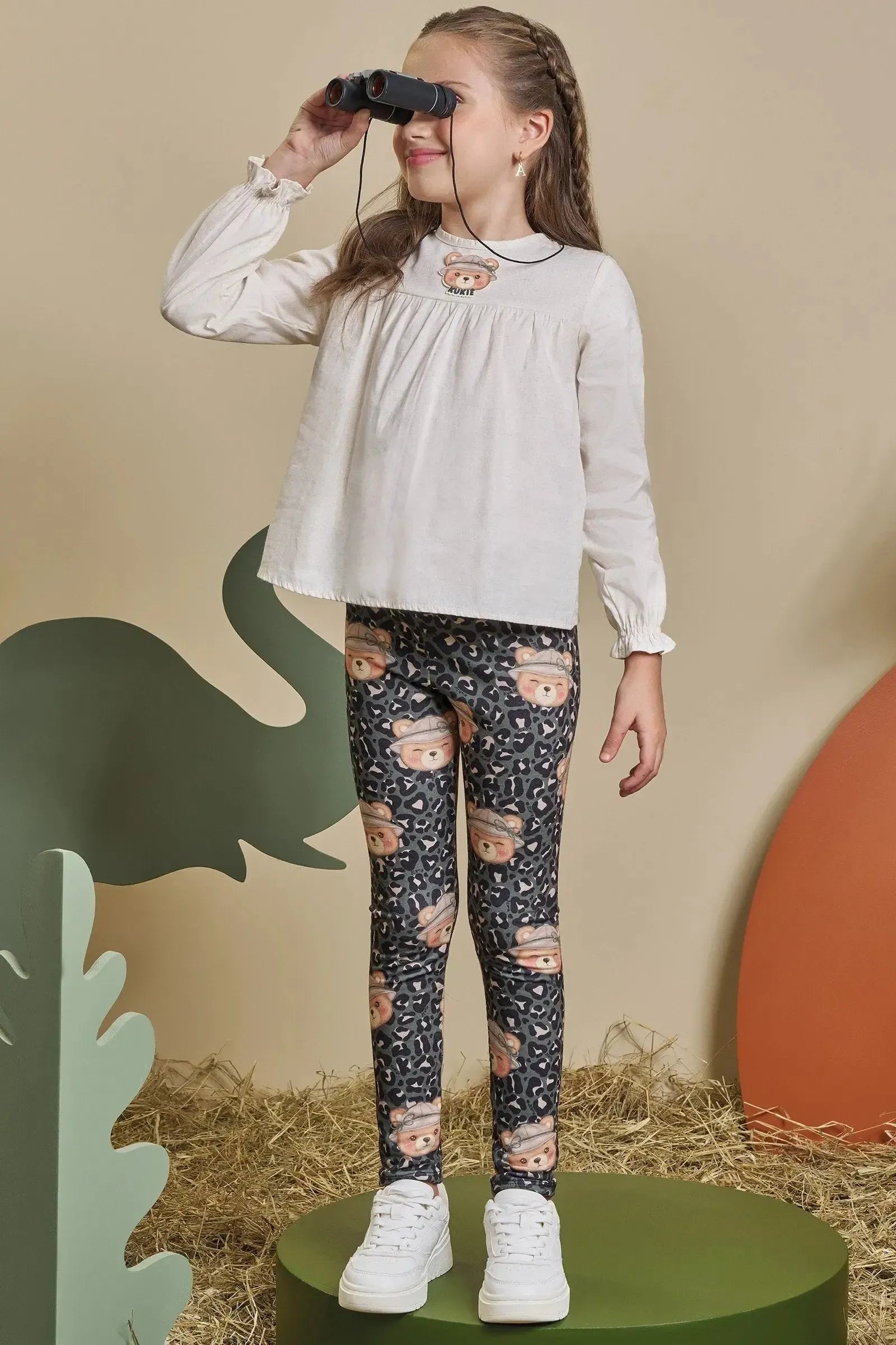 Conjunto de Bata em Linho e Calça Legging em Molecotton 90589 Kukiê Infantil Menina