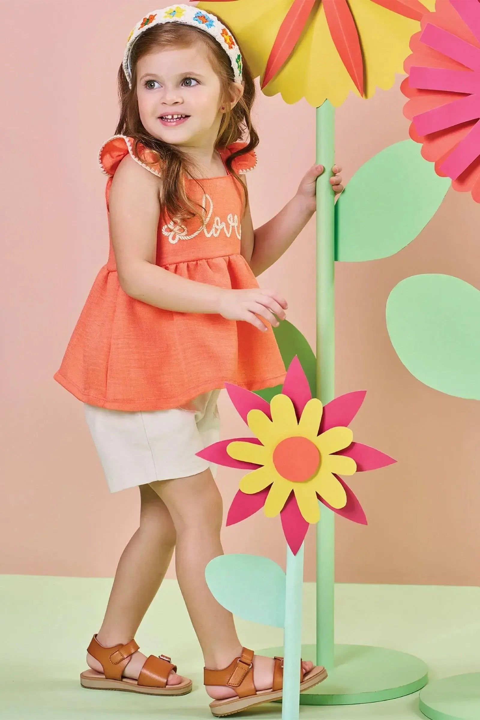 Conjunto de Bata em Linho Rajado e Shorts em Sarja com Elastano 85079 Kukiê Bebê Menina