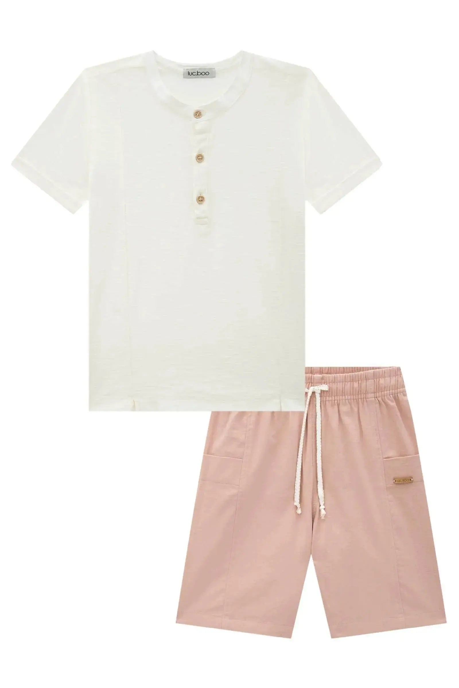 Conjunto de Bata em Malha Flamê e Bermuda em Linho Santorine com Elastano 86607 LucBoo Infantil Menino