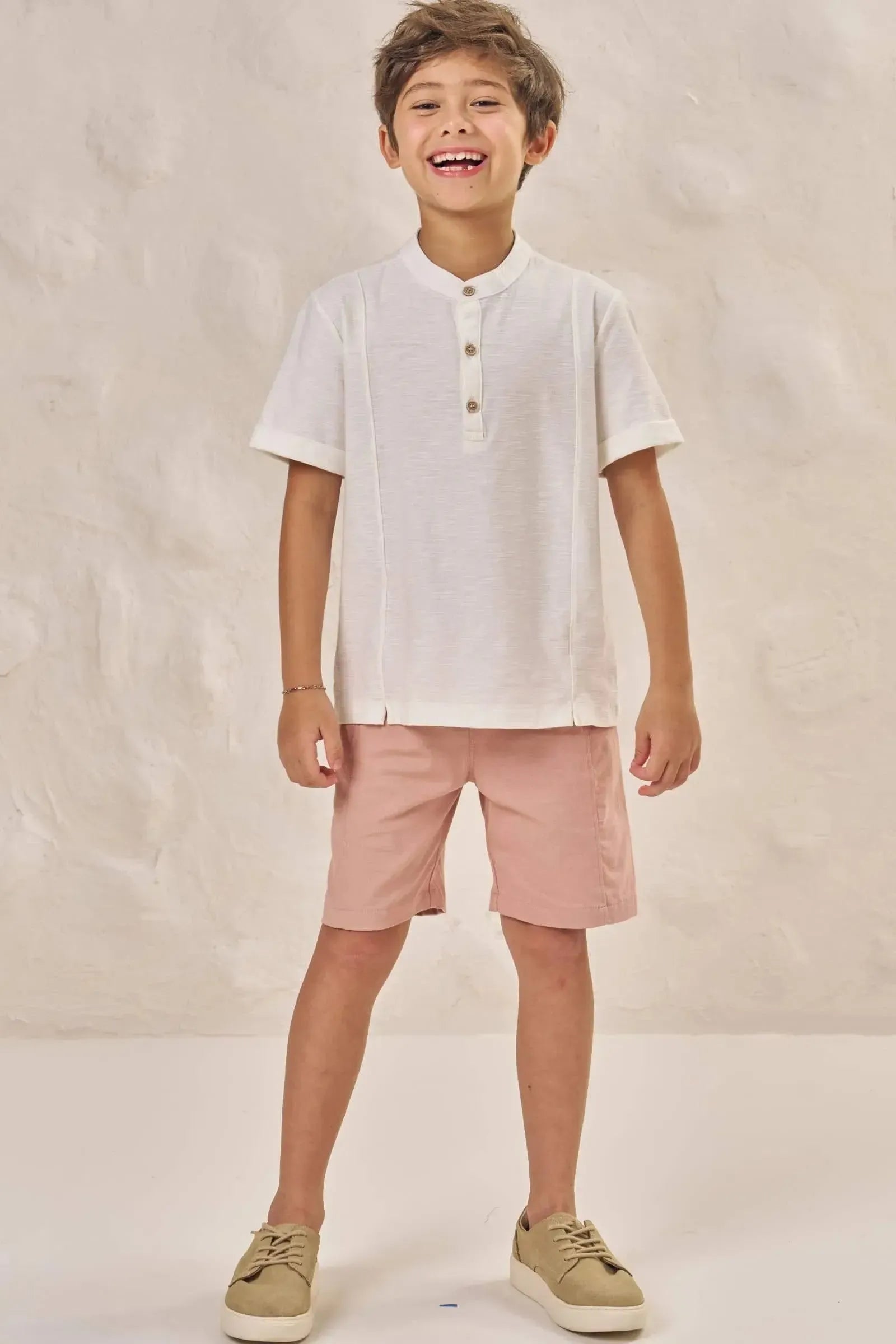 Conjunto de Bata em Malha Flamê e Bermuda em Linho Santorine com Elastano 86607 LucBoo Infantil Menino