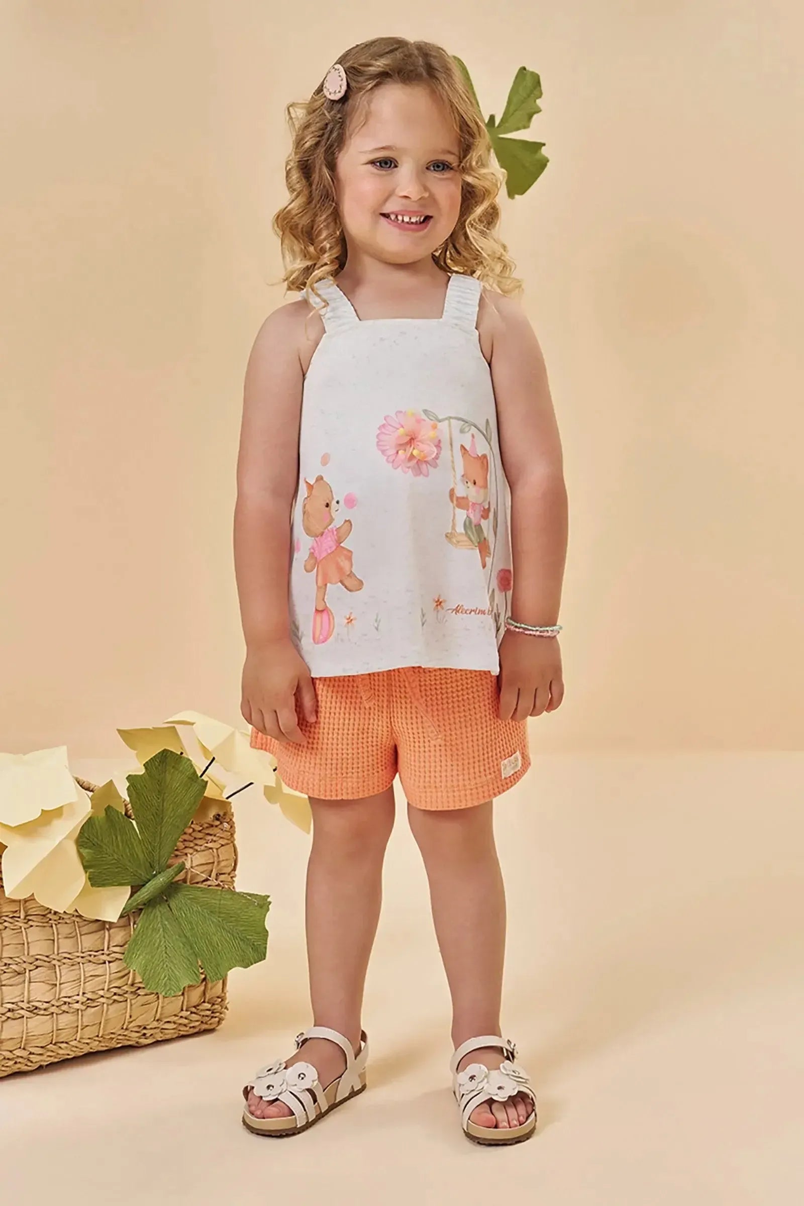 Conjunto de Bata em Malha Fresh e Shorts em Malha Big Waffle 96033 Kukiê Infantil Menina