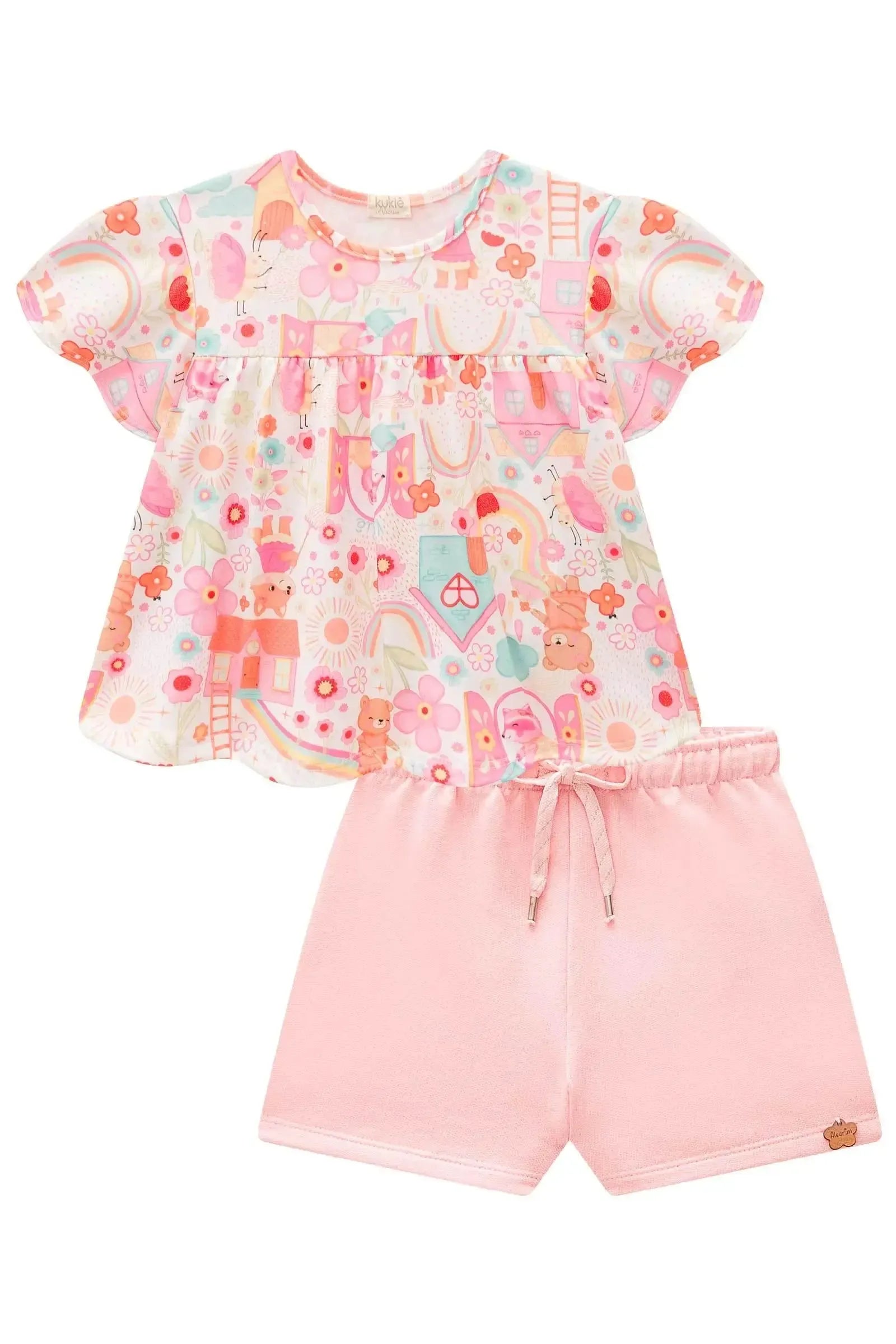 Conjunto de Bata em Malha Fresh e Shorts em Moletom sem Pelúcia 98066 Kukiê Infantil Menina