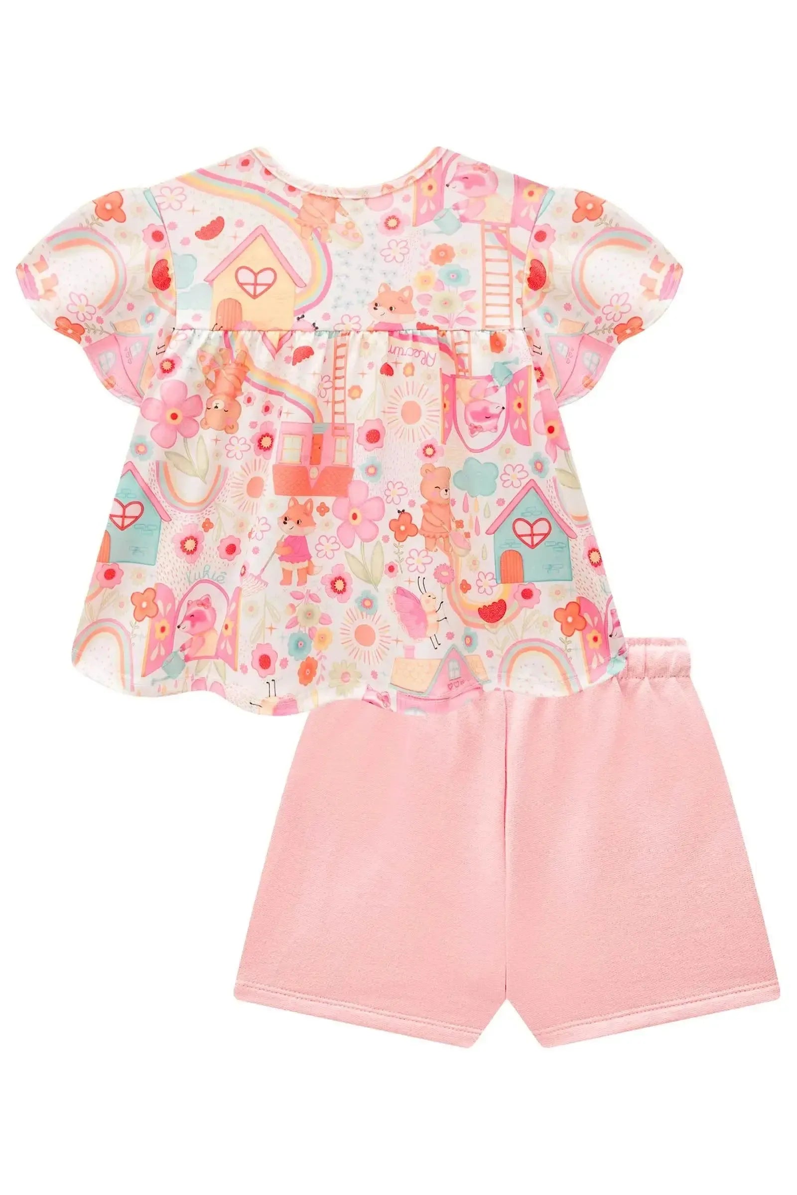Conjunto de Bata em Malha Fresh e Shorts em Moletom sem Pelúcia 98066 Kukiê Infantil Menina