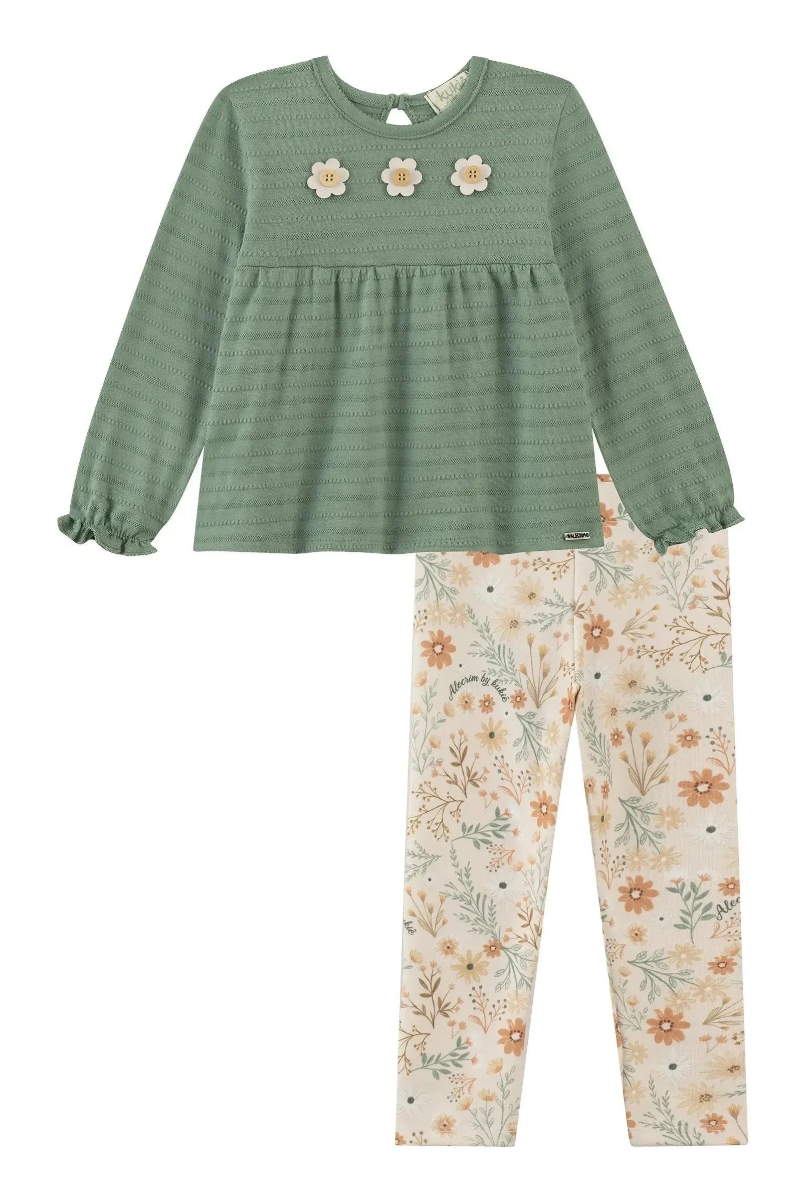 Conjunto de Bata em Malha Textura e Calça Legging em Moletocotton 90312 Kukiê Bebê Menina