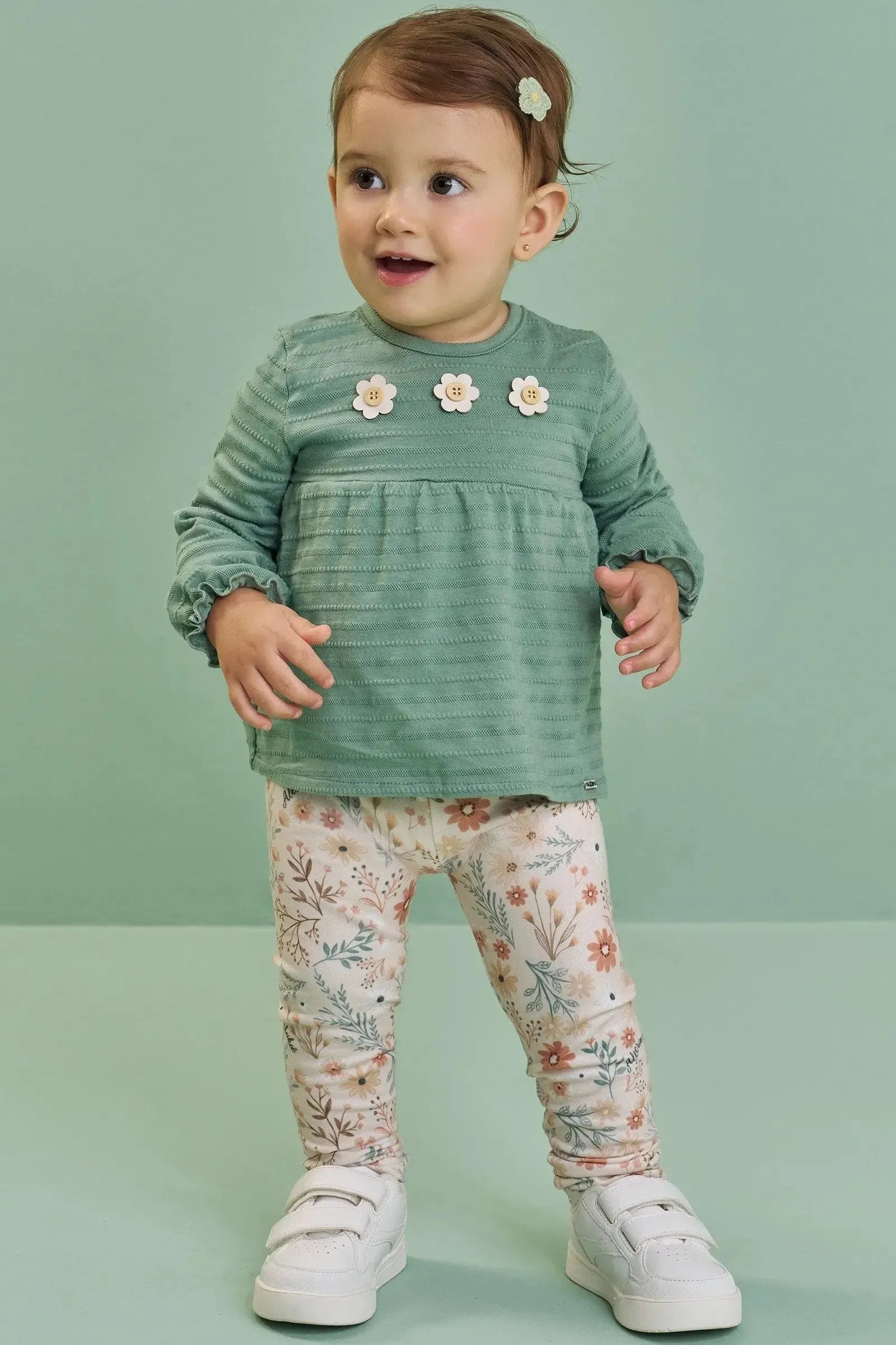 Conjunto de Bata em Malha Textura e Calça Legging em Moletocotton 90312 Kukiê Bebê Menina