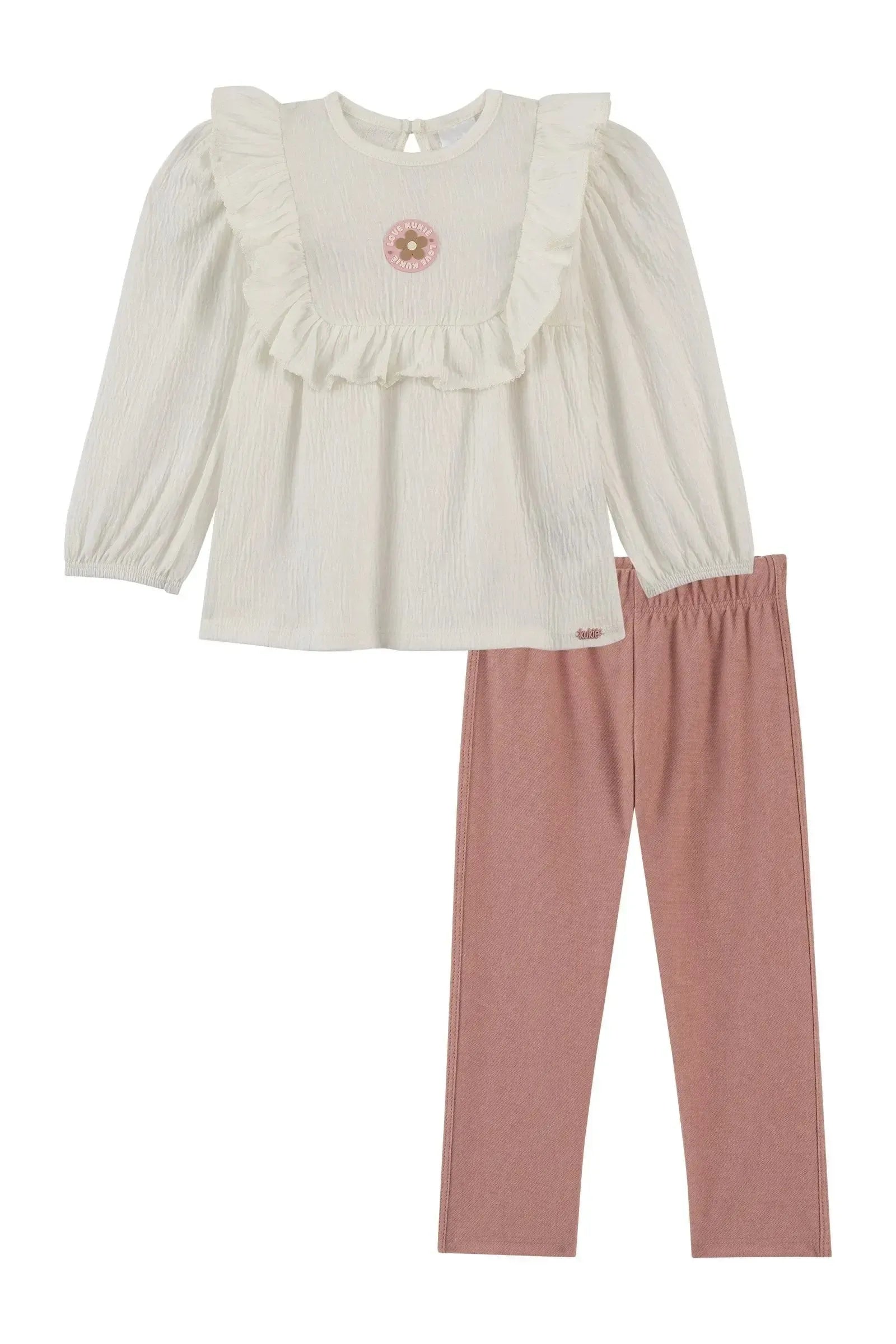 Conjunto de Bata em Malha Wave e Calça Legging em Cotton Jeans 92171 Kukiê Bebê Menina