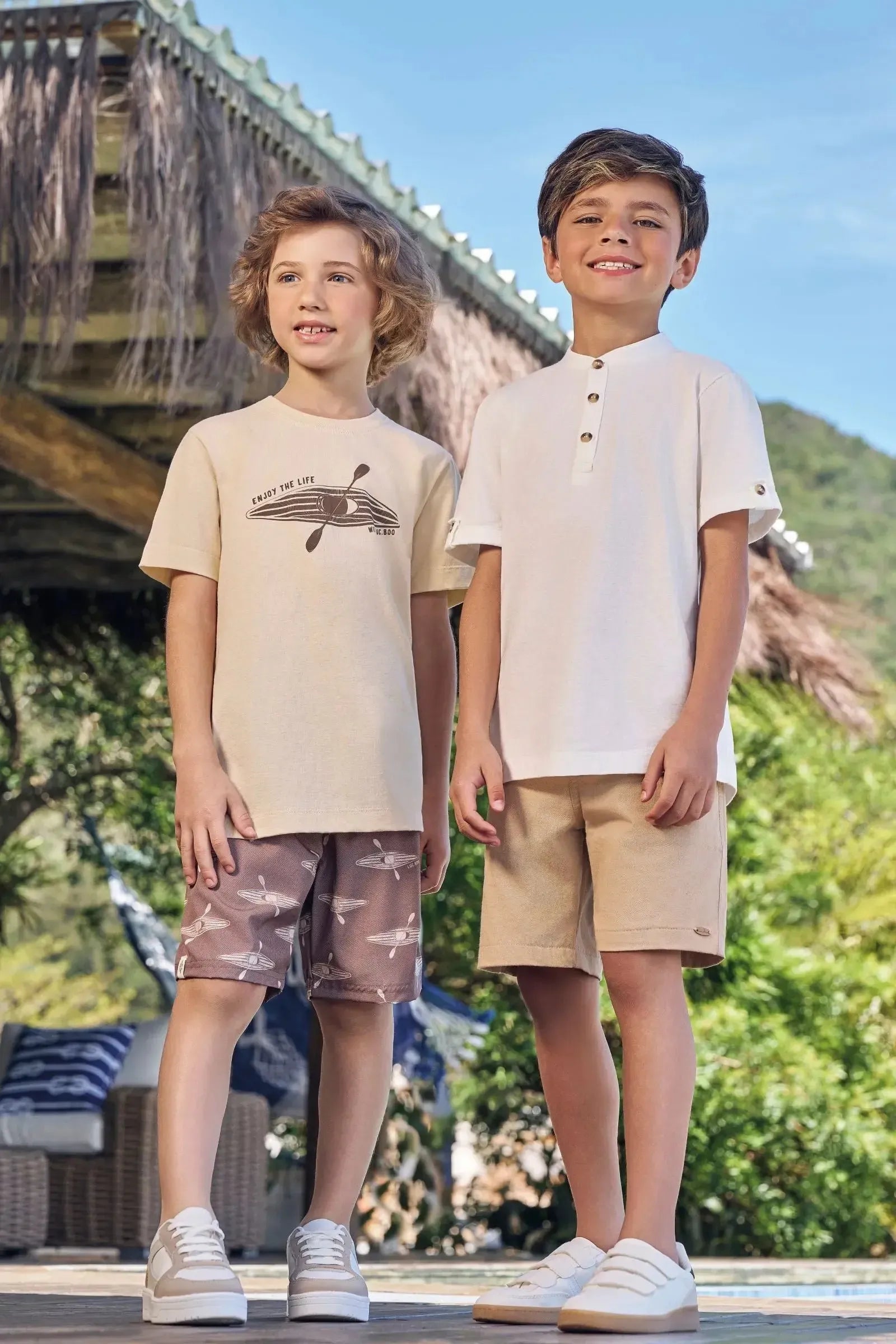 Conjunto de Bata em Meia Malha e Bermuda em Sarja Girassol com Elastano 96609 LucBoo Infantil Menino