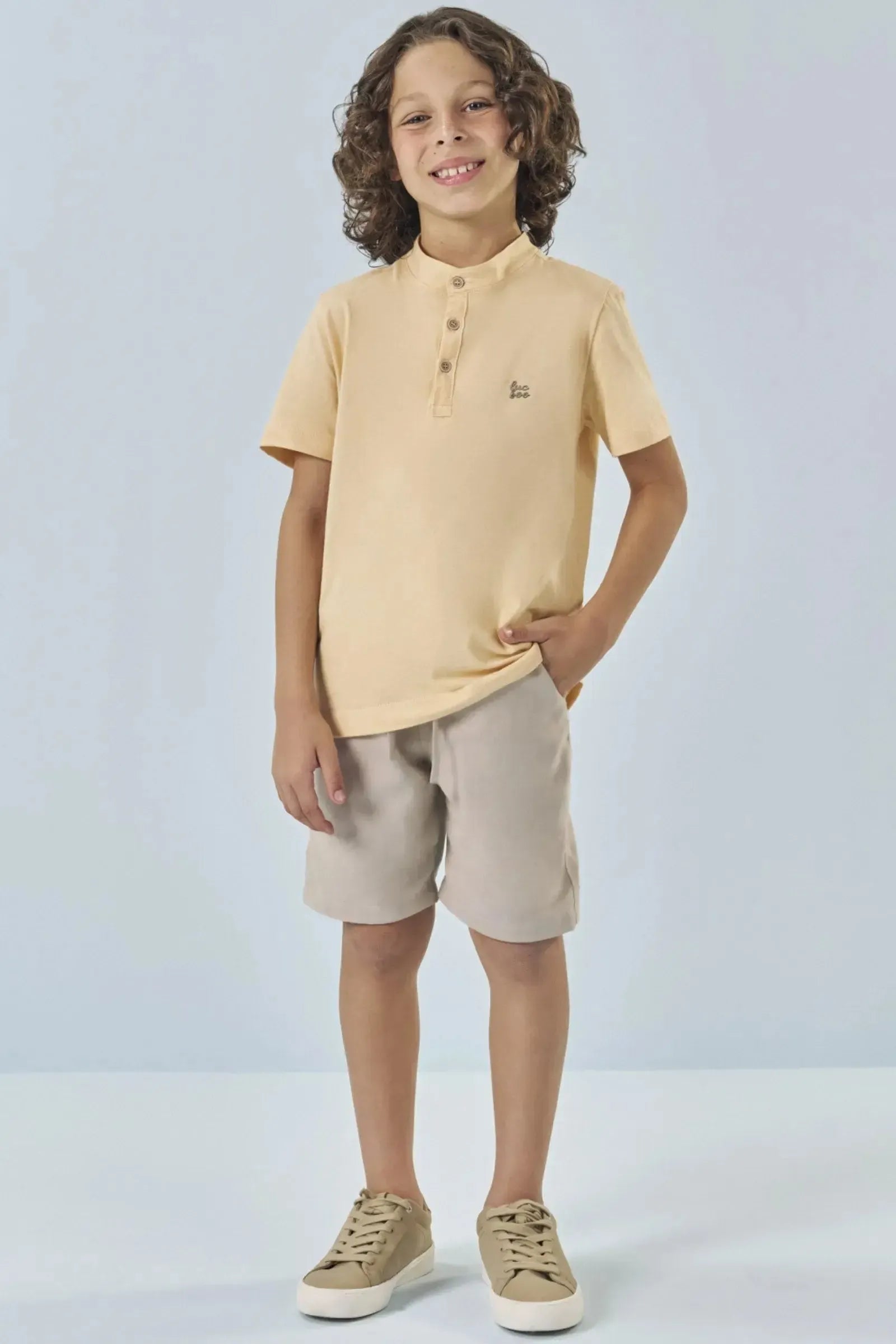 Conjunto de Bata em Meia Malha e Bermuda em Tecido Dubai com Elastano 84795 LucBoo Infantil Menino