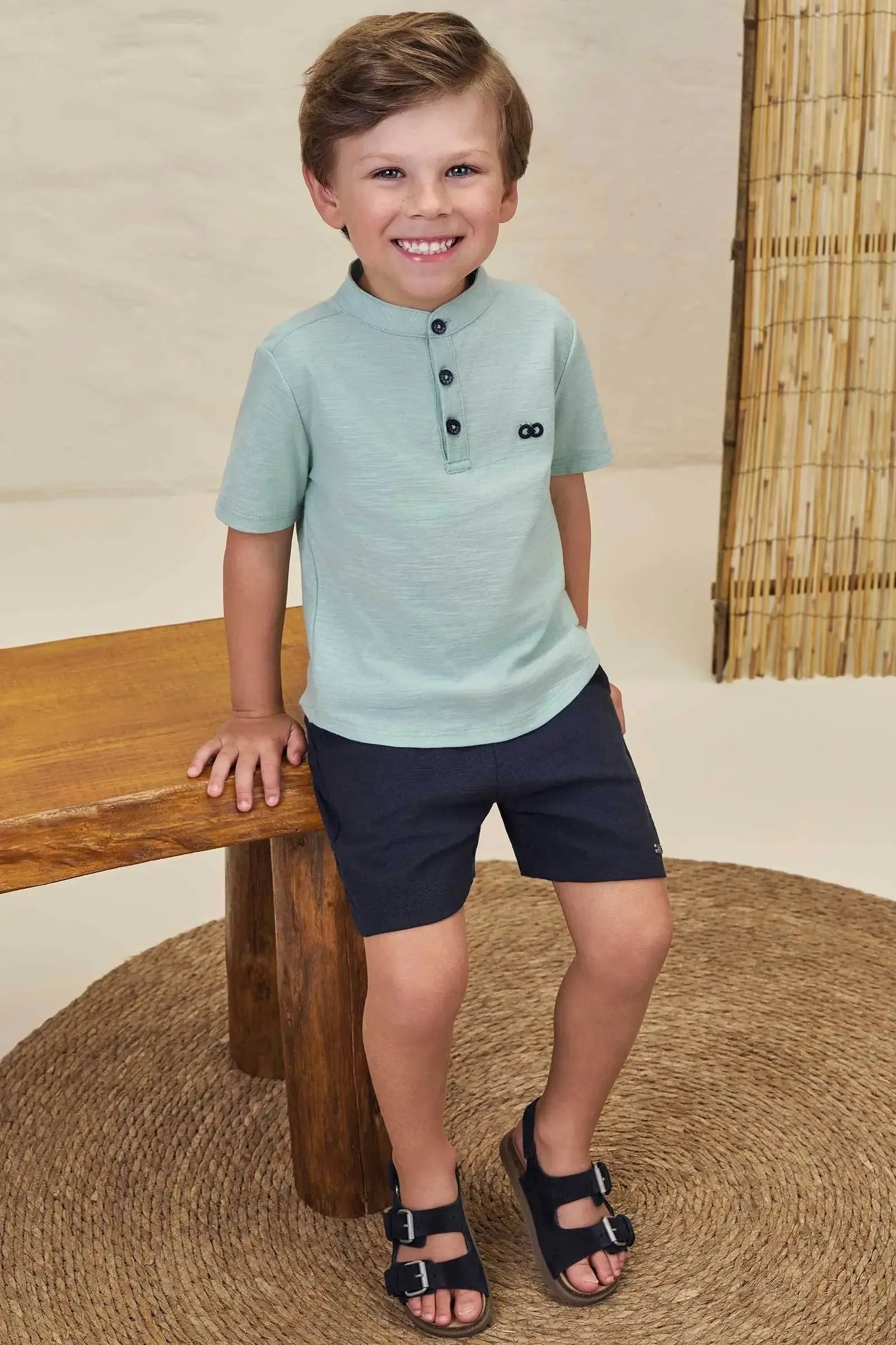 Conjunto de Bata em Meia Malha Flamê e Bermuda em Linho Santorine com Elastano 97963 LucBoo Infantil Menino
