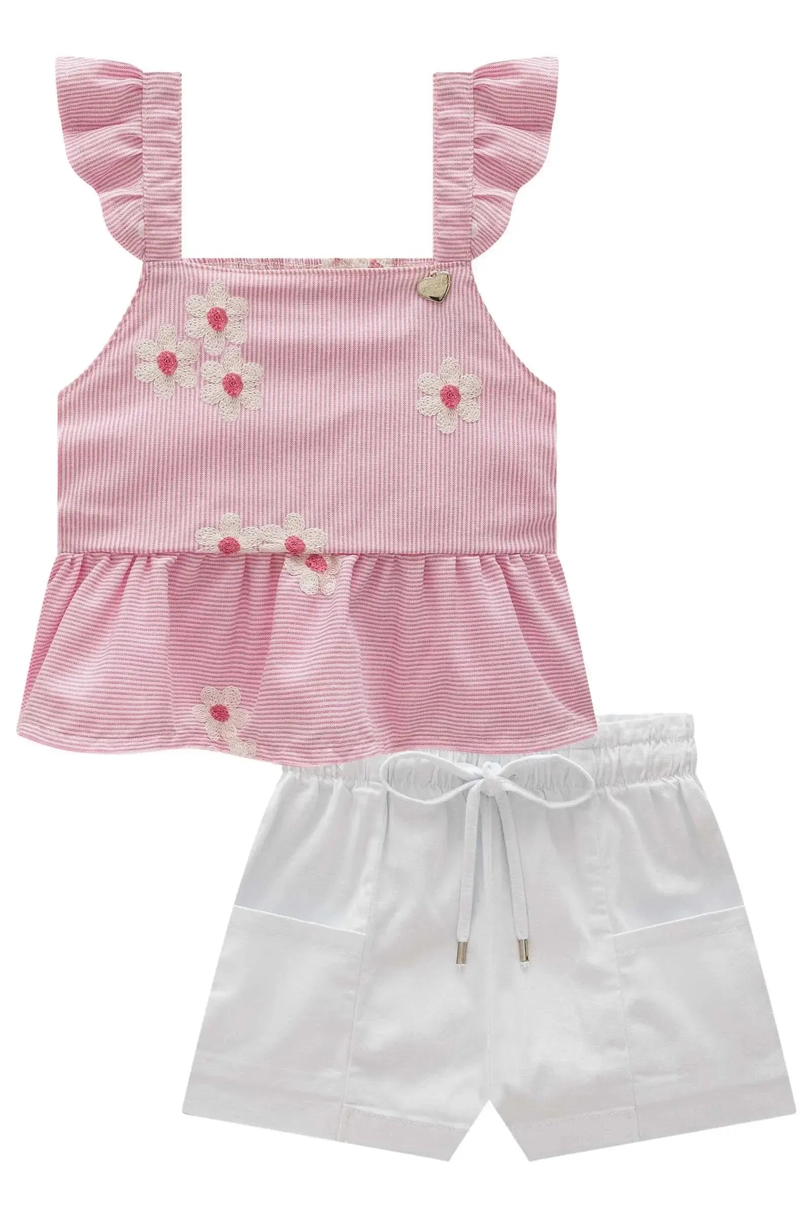 Conjunto de Bata em Tricoline Bordado Flores com Shorts em Sarja com Elastano 98906 Infanti Infantil Menina