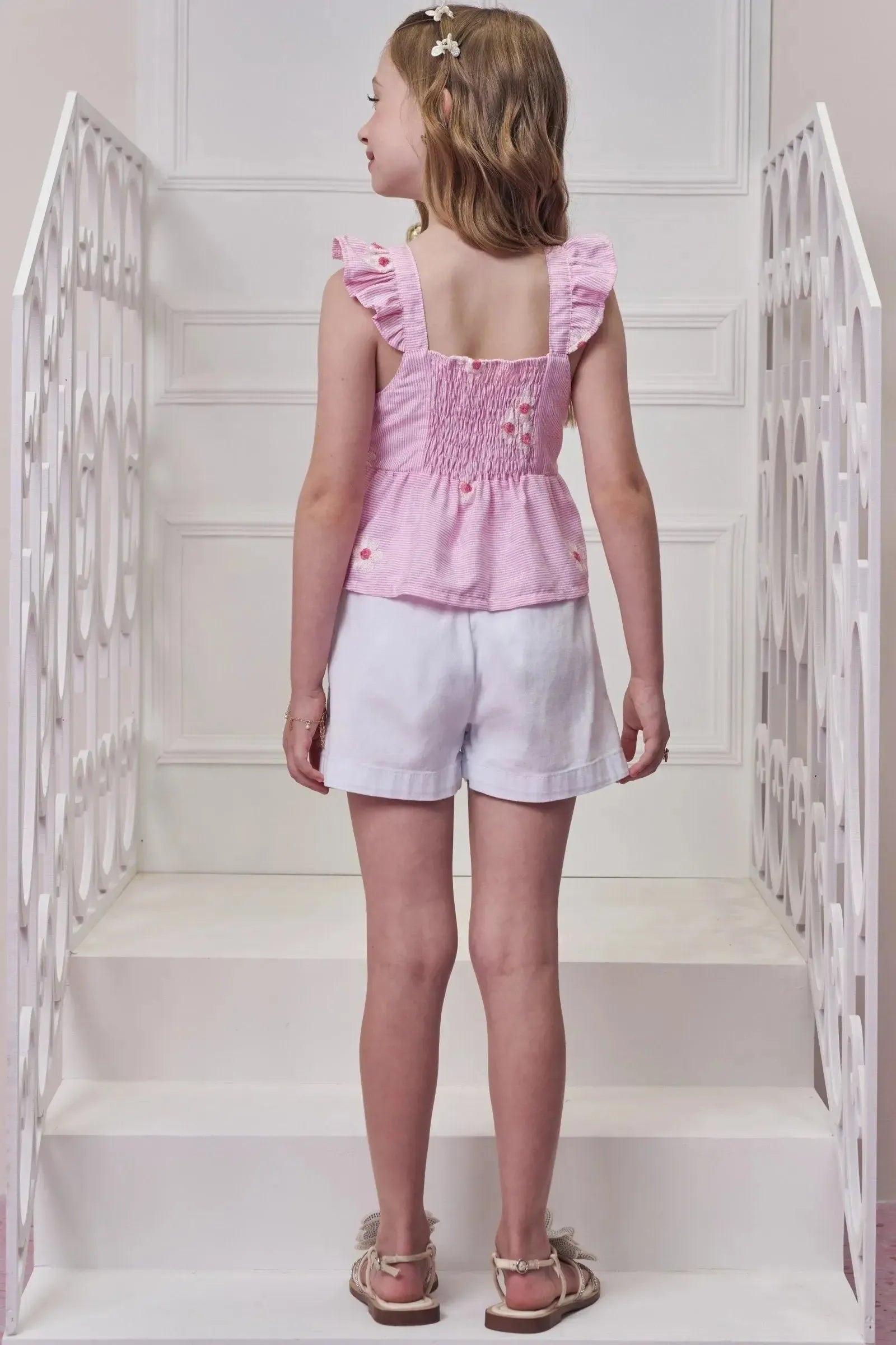 Conjunto de Bata em Tricoline Bordado Flores com Shorts em Sarja com Elastano 98906 Infanti Infantil Menina