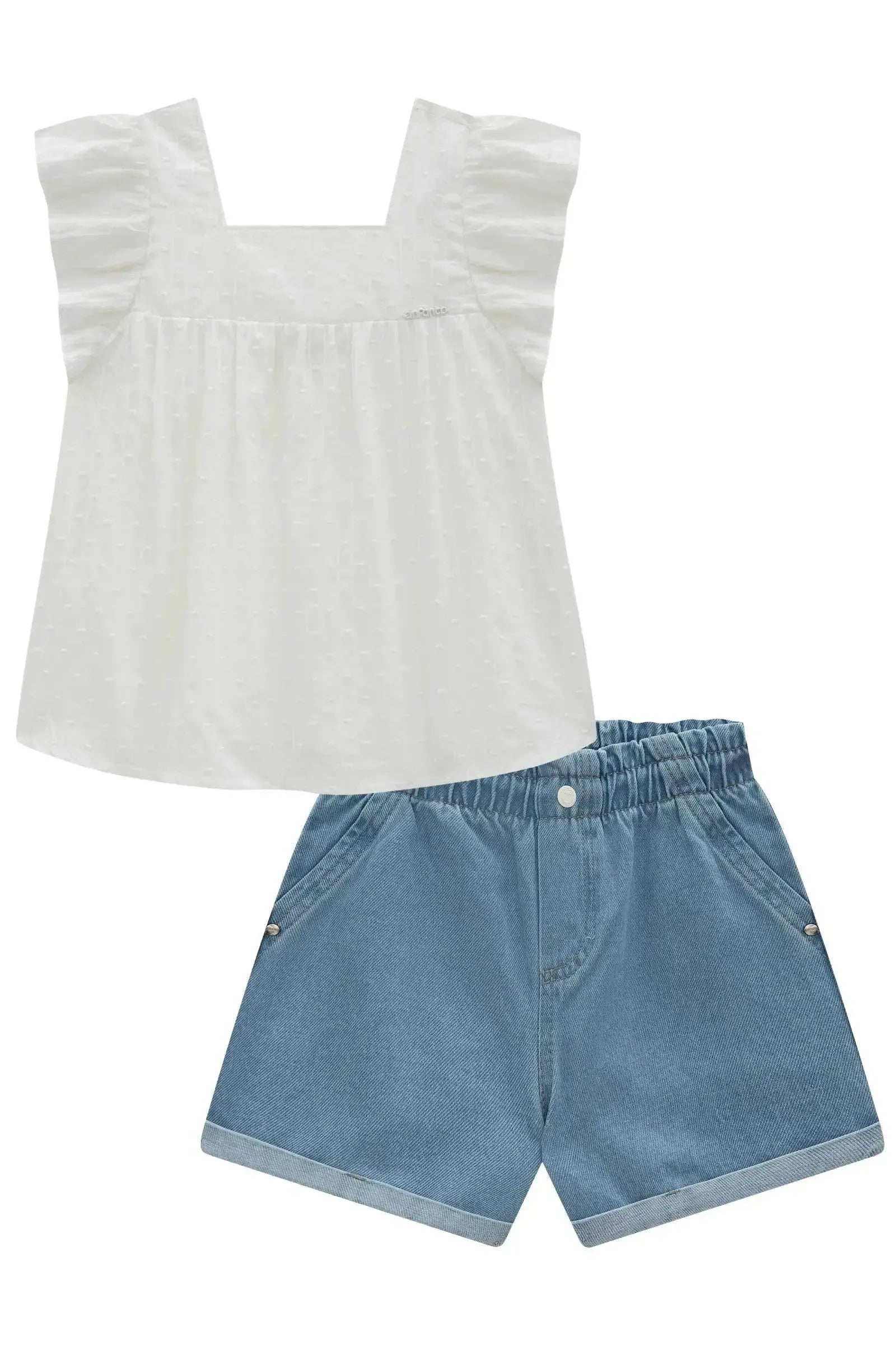 Conjunto de Bata em Tricoline Maquinetado e Shorts em Jeans 96893 Infanti Infantil Menina