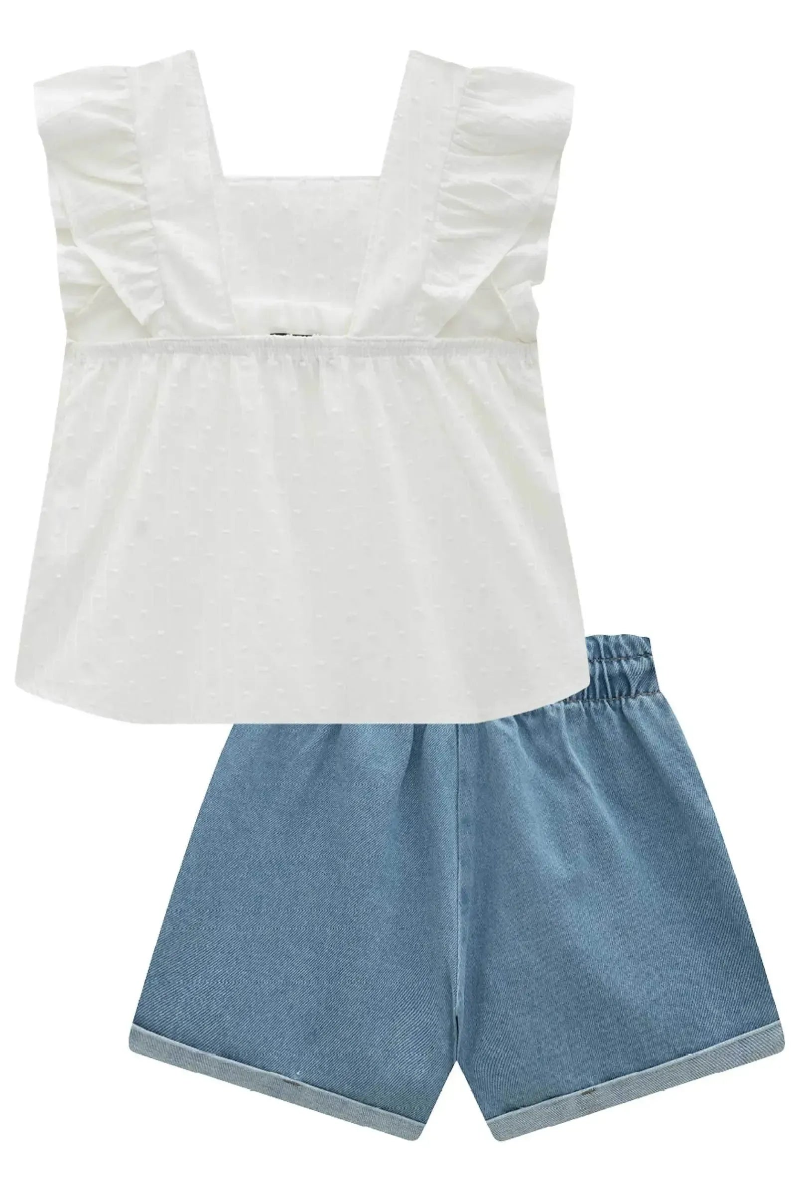 Conjunto de Bata em Tricoline Maquinetado e Shorts em Jeans 96893 Infanti Infantil Menina