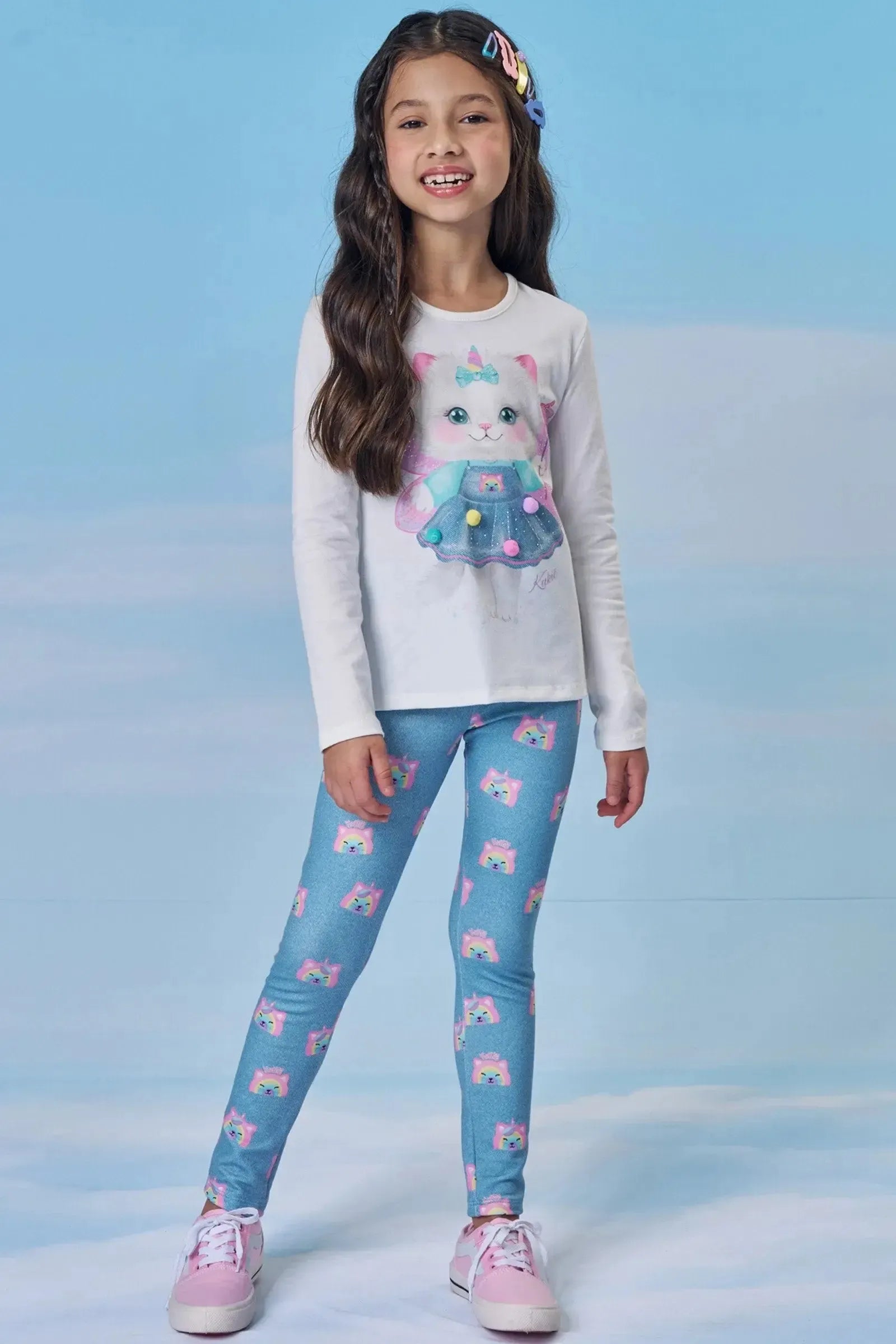 Conjunto de Blusa Alongada em Cotton e Calça Legging em Molecotton 90164 Kukiê Infantil Menina