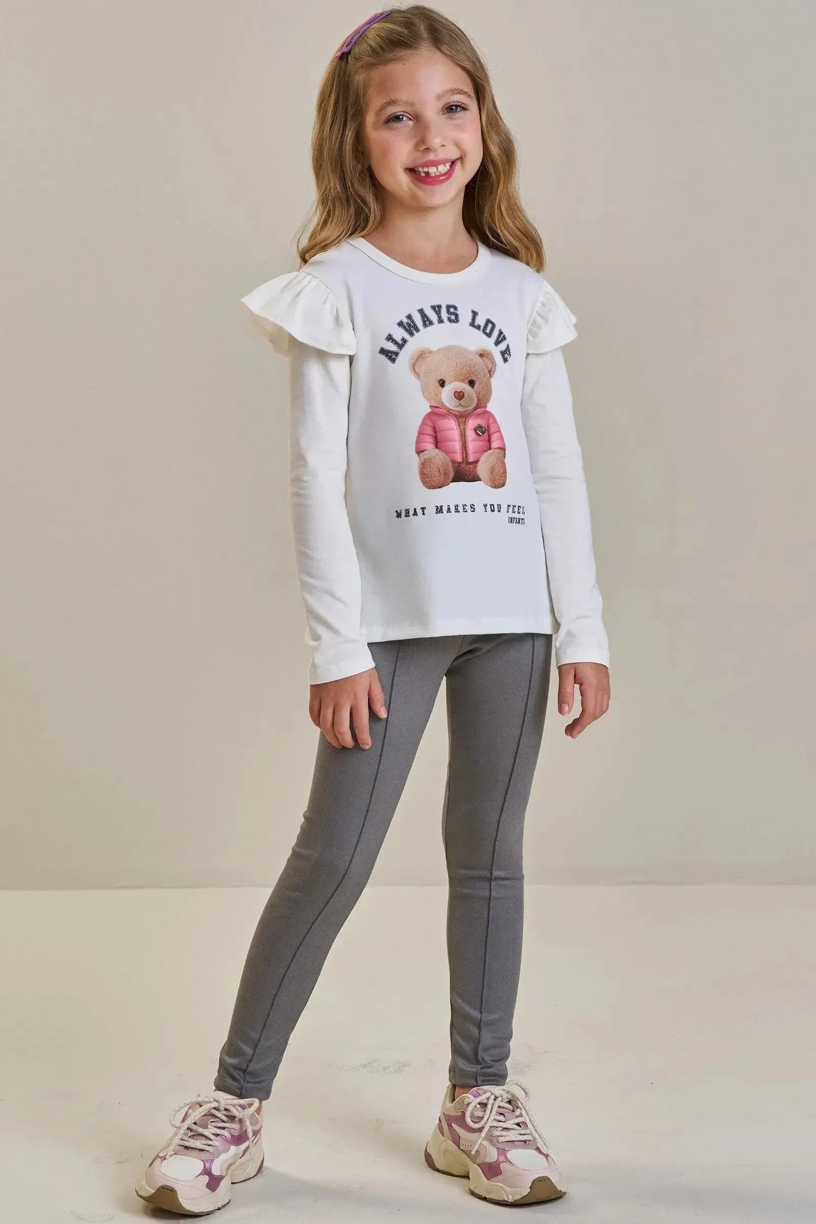 Conjunto de Blusa Alongada em Cotton e Calça Legging em Suede Twill 92663 Infanti Infantil Menina