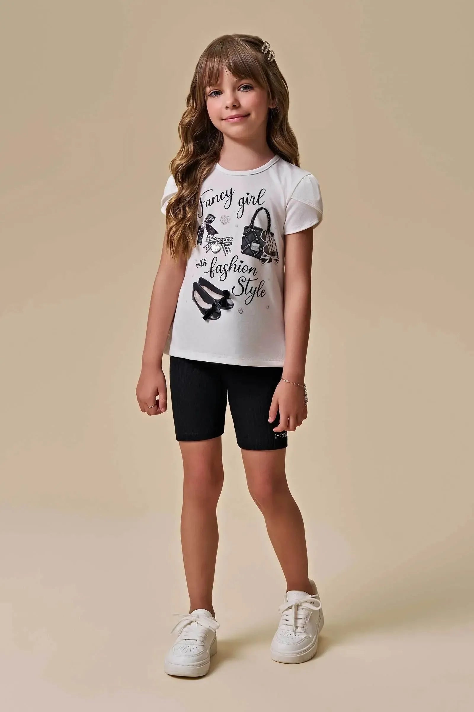 Conjunto de Blusa Alongada em Malha Power e Bermuda Biker em Canelado Liz 96891 Infanti Infantil Menina