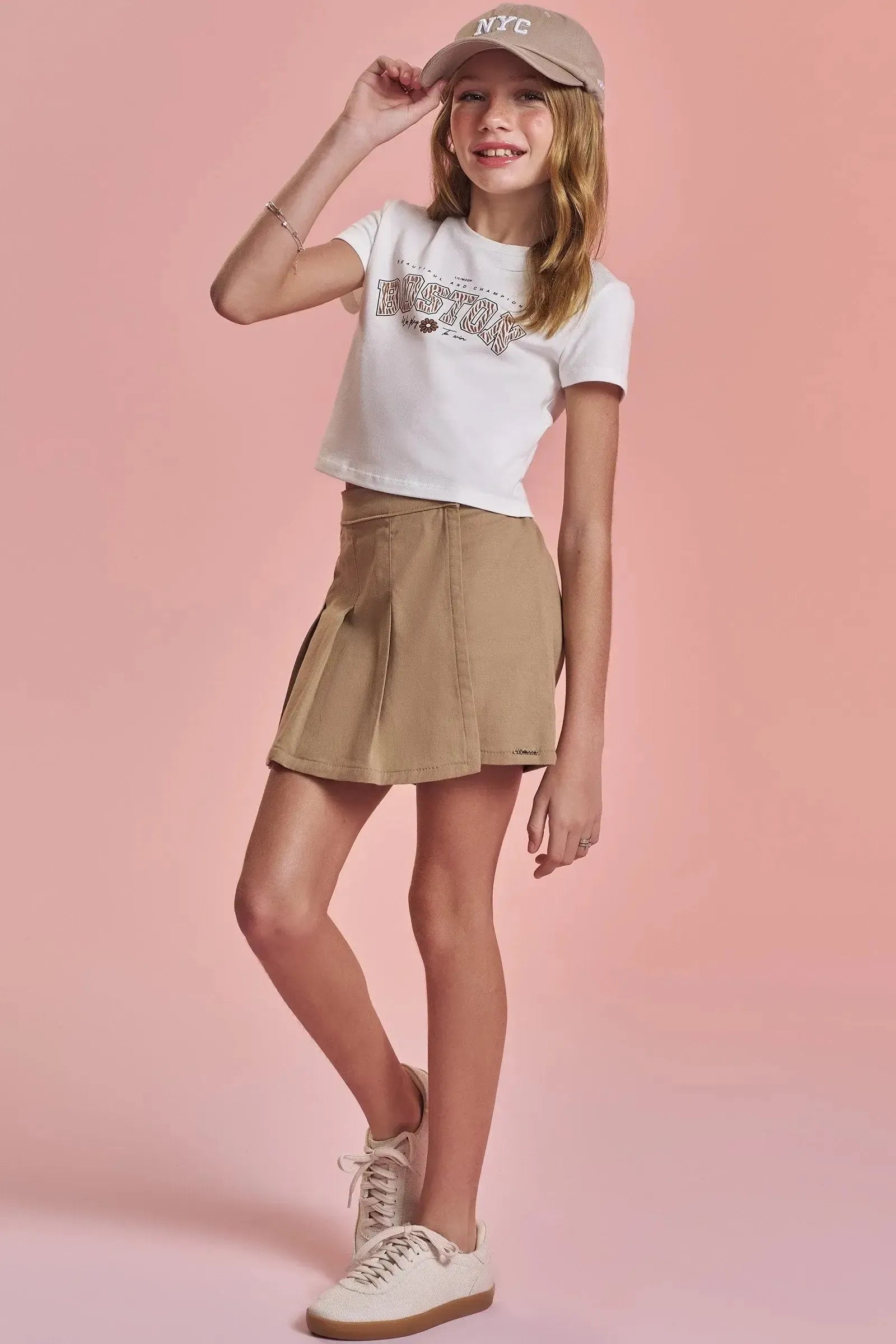 Conjunto de Blusa Baby Look Cropped em Cotton e Short Saia em Sarja com Elastano 92746 Lilimoon Teen Menina