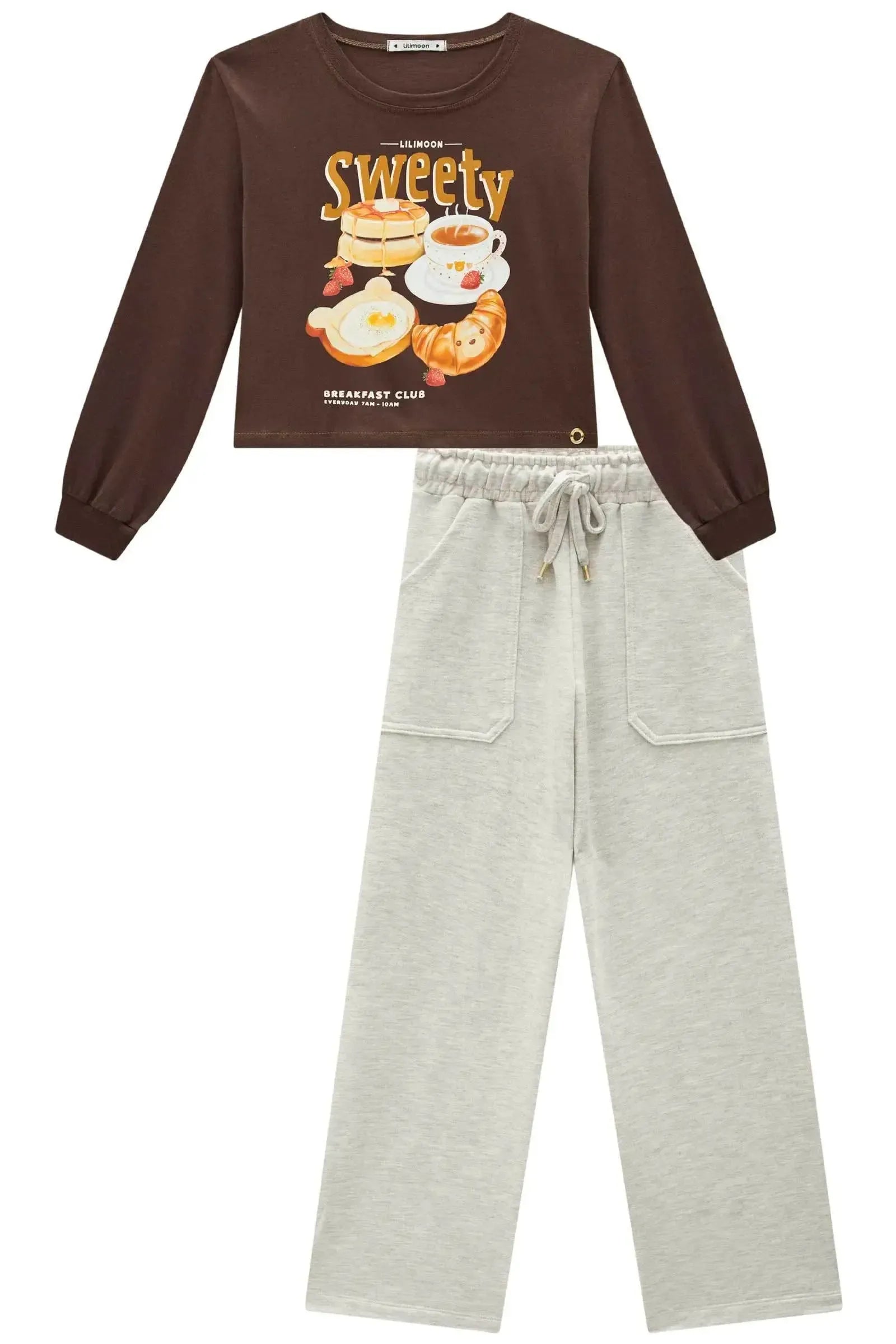 Conjunto de Blusa Boxy Over em Meia Malha e Calça Wide Leg em Moletom sem Pelúcia 92216 Lilimoon Teen Menina