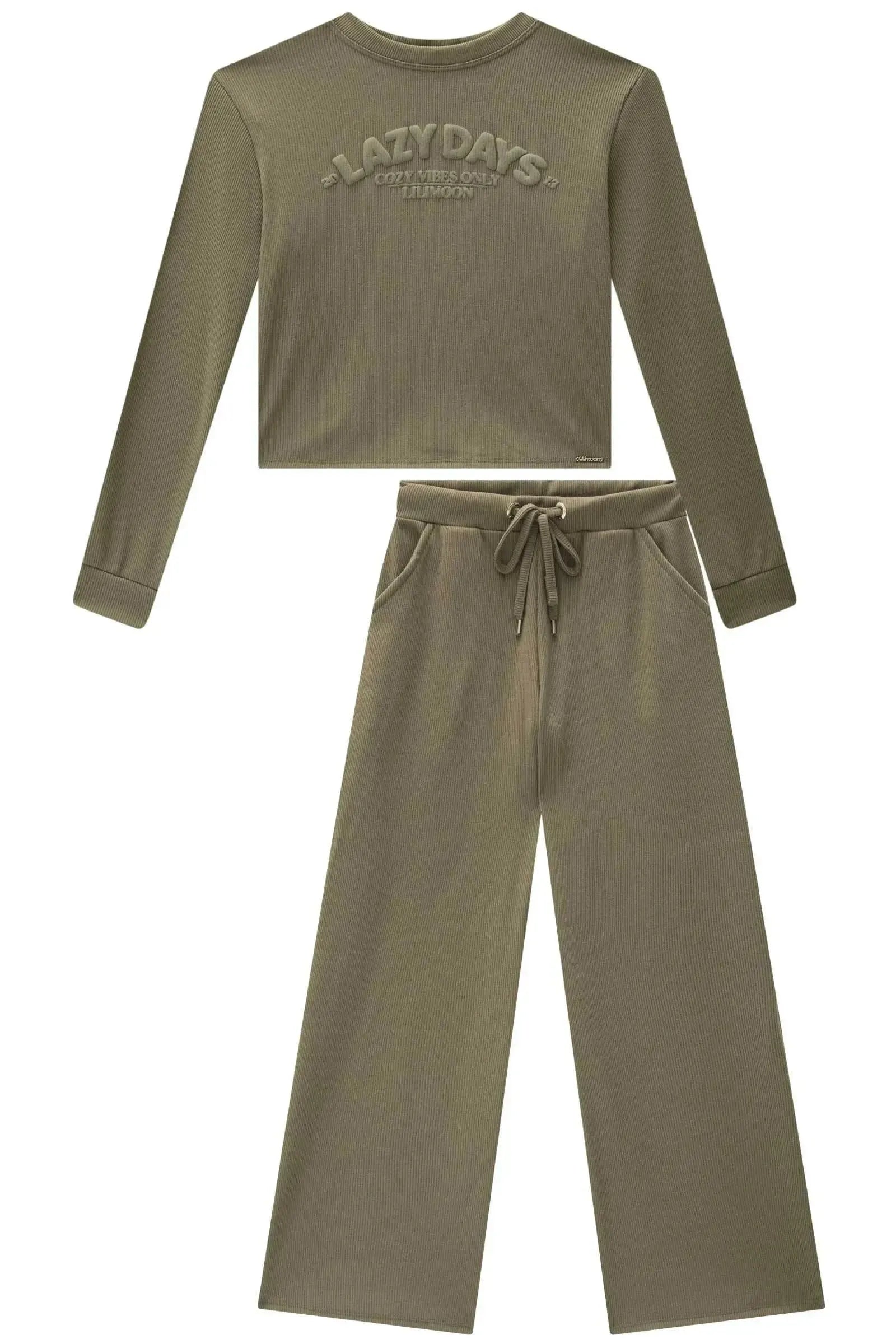 Conjunto de Blusa Boxy e Calça Reta em Canelado Soft 90747 Lilimoon Teen Menina