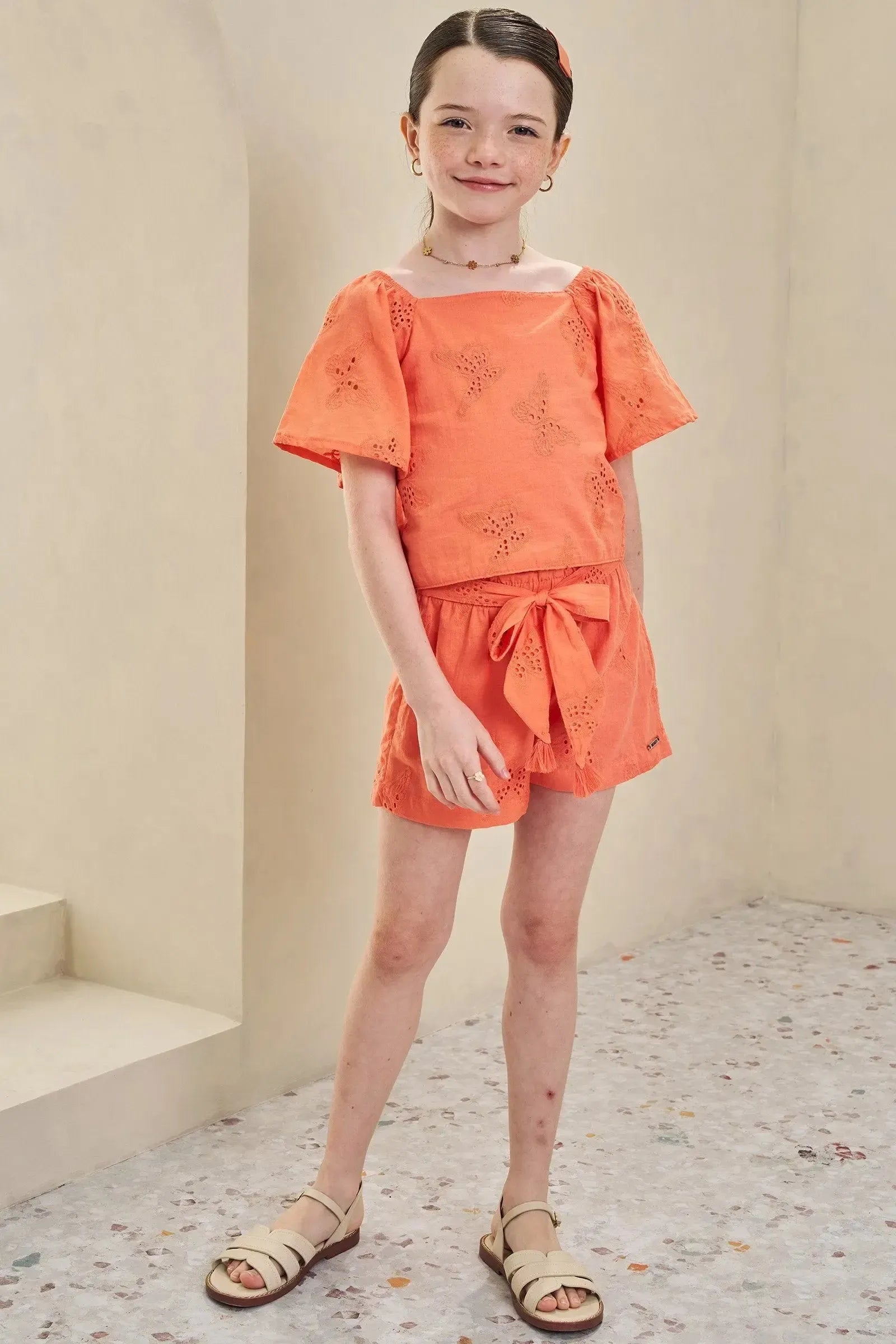 Conjunto de Blusa Boxy e Shorts em Laise Borboleta 84592 Infanti Infantil Menina