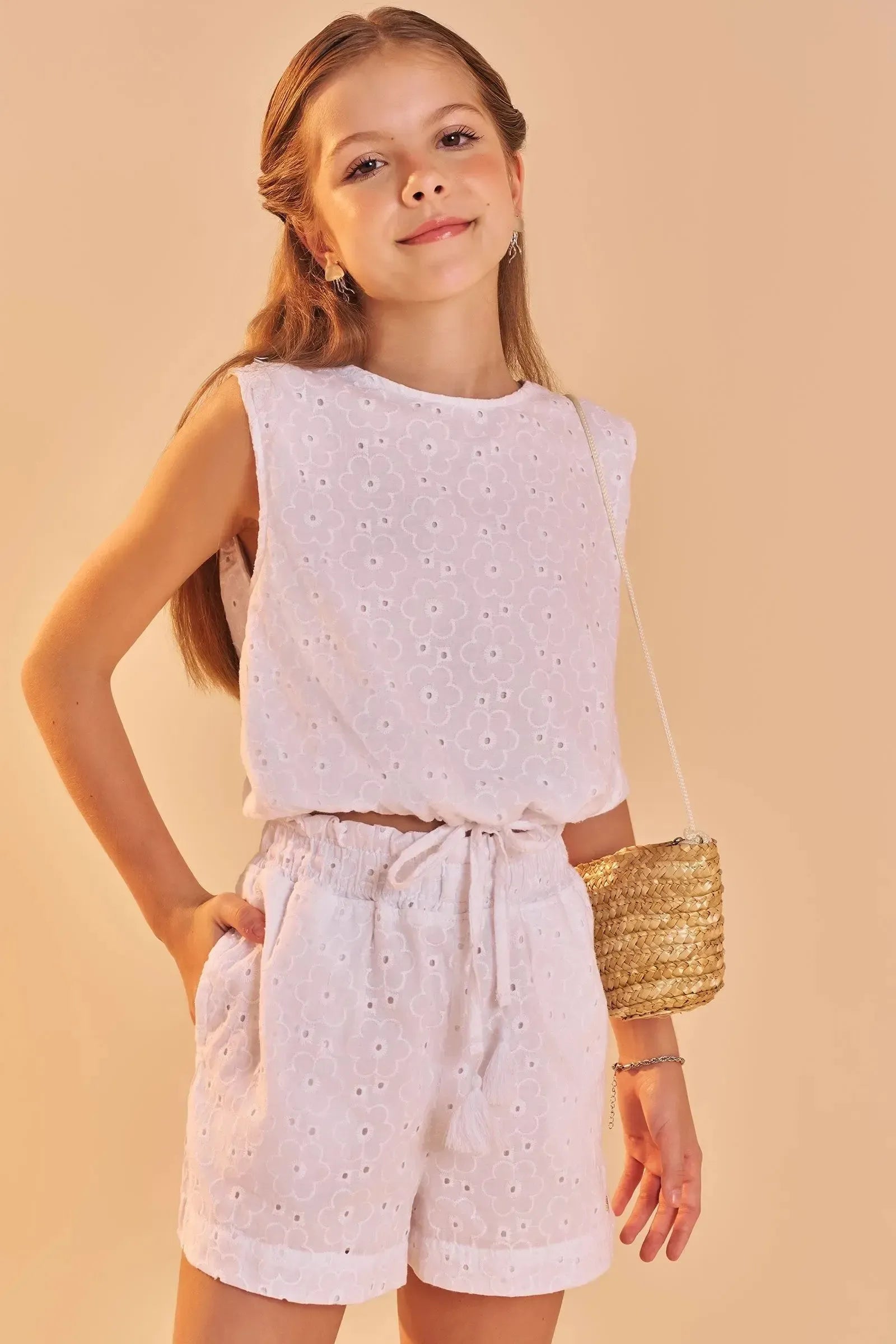 Conjunto de Blusa Boxy e Shorts em Laise Bordada 83867 Lilimoon Teen Menina