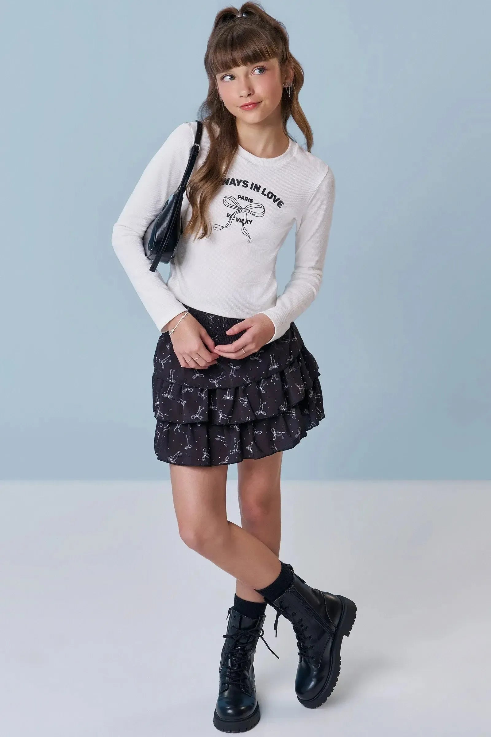 Conjunto de Blusa Boxy em Canelado e Saia Ruffles em Light Peach 91984 Vic&Vicky Teen Menina