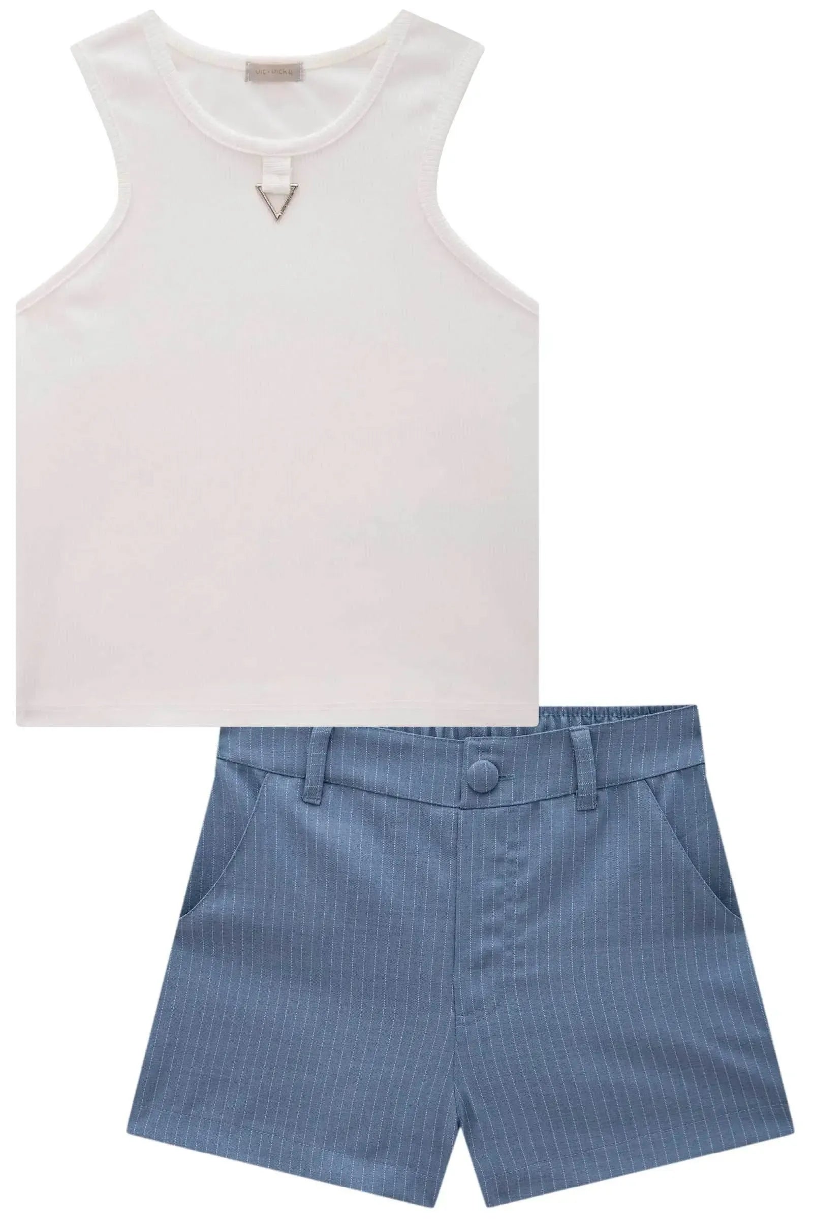 Conjunto de Blusa Boxy em Canelado Liz e Shorts em Alfaiataria Risca de Giz 83908 Vic&Vicky Teen Menina