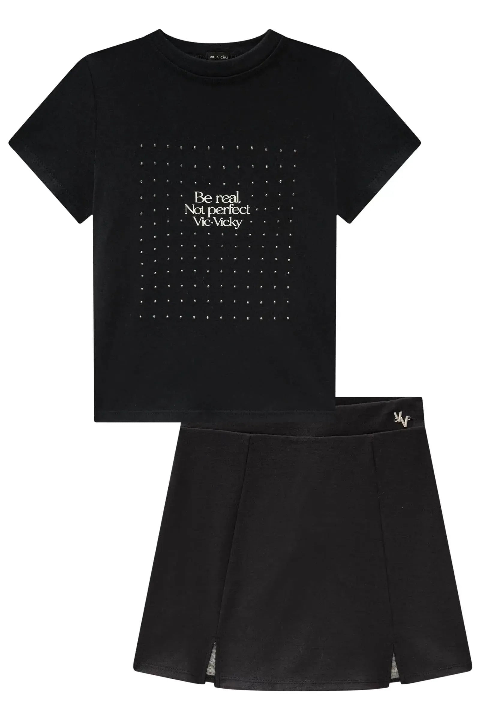Conjunto de Blusa Boxy em Cotton e Saia em Malha Stretch de Viscose 84656 Vic&Vicky Teen Menina