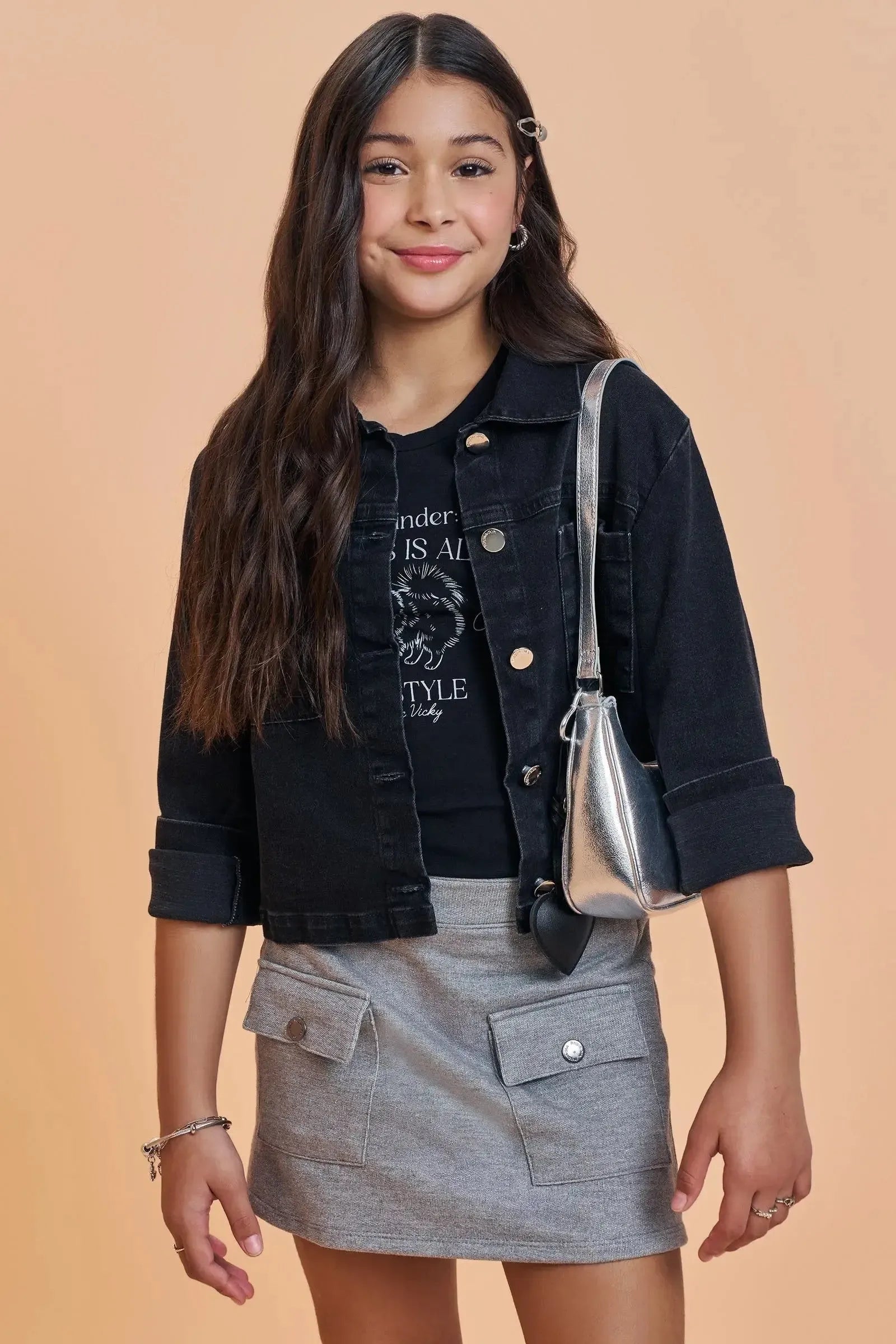 Conjunto de Blusa Boxy em Cotton e Short Saia em Moletom sem Pelúcia 93519 Vic&Vicky Teen Menina