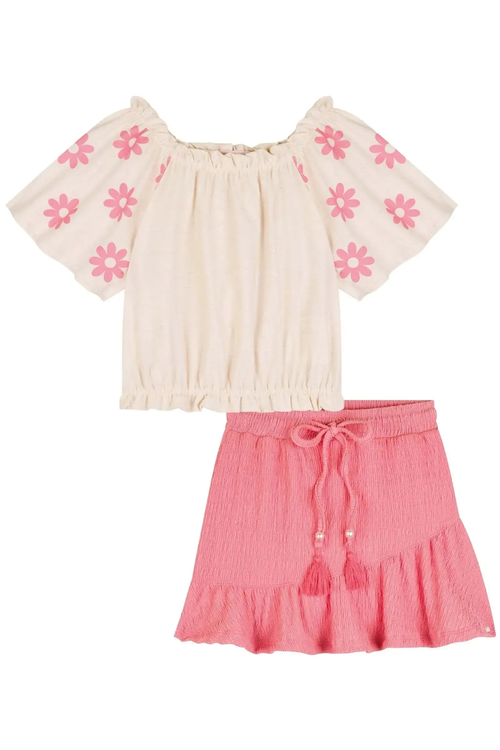 Conjunto de Blusa Boxy em Linho Santorine com Elastano e Saia em Malha Enrugada (com Shorts 84905 Kukiê Infantil Menina