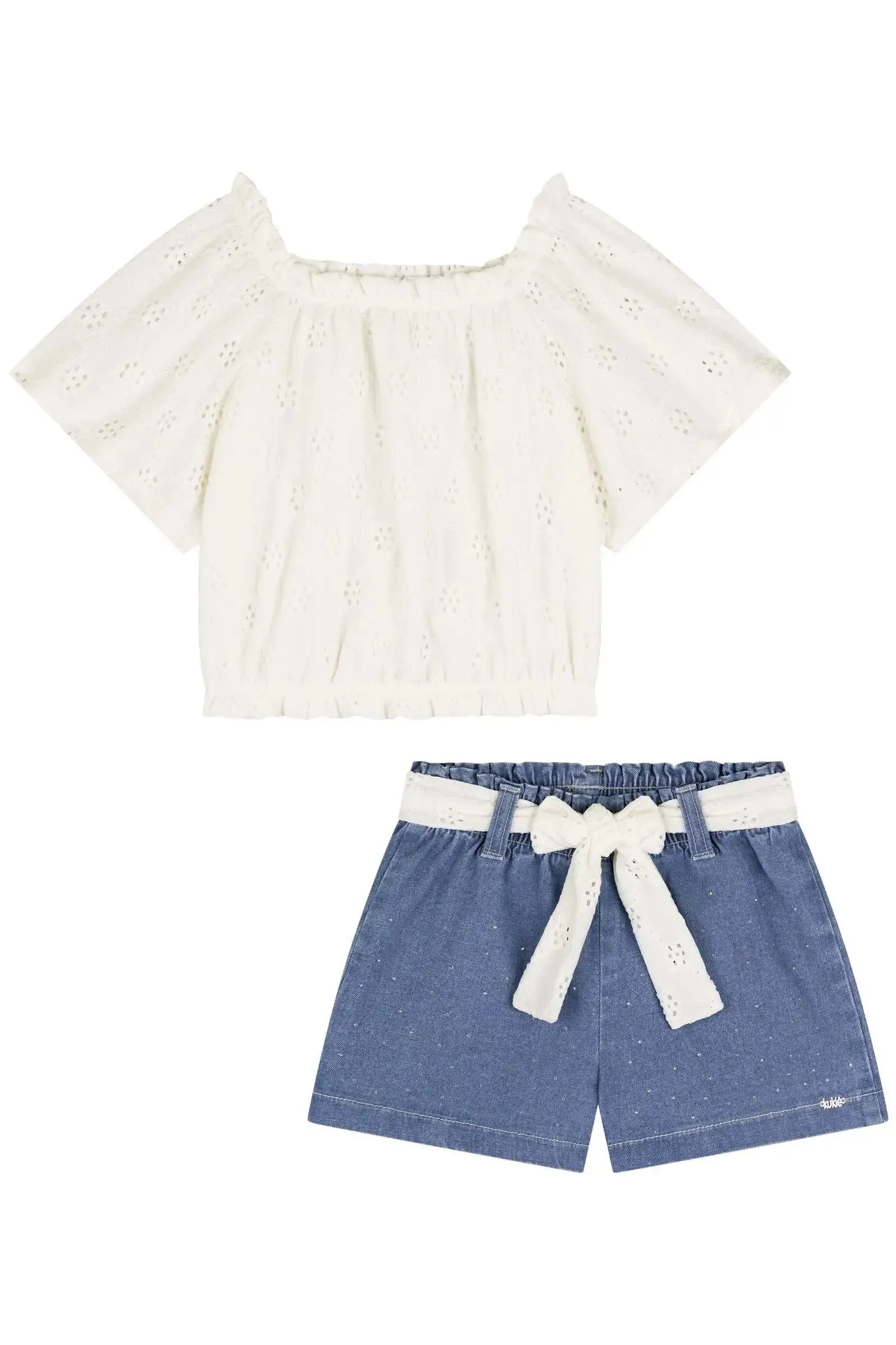Conjunto de Blusa Boxy em Malha Laise e Shorts em Jeans com Elastano 86760 Kukiê Infantil Menina