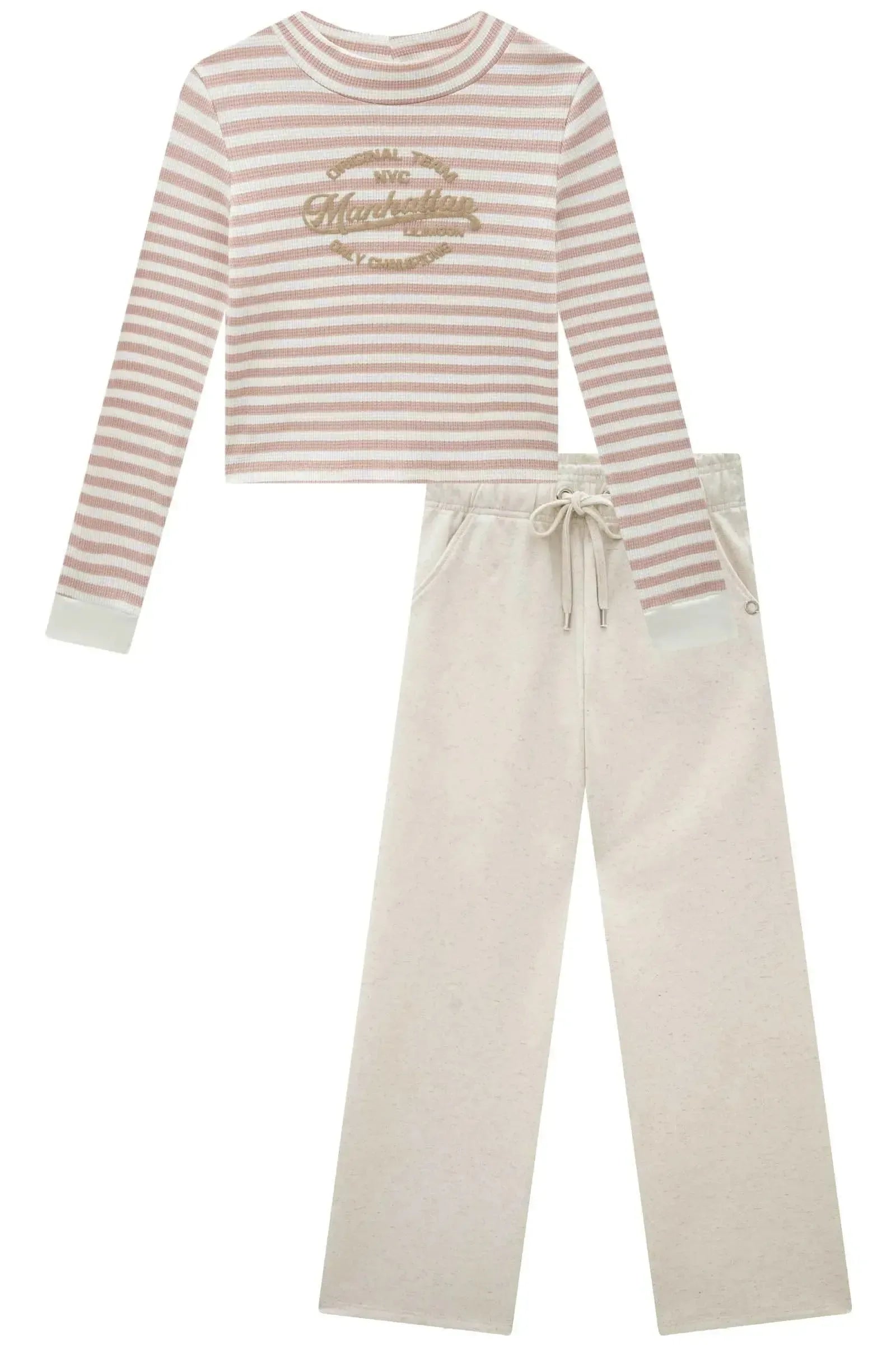Conjunto de Blusa Boxy em Malha Waflle Listrada e Calça Wide Leg em Moletom sem Pelúcia 91696 Lilimoon Teen Menina