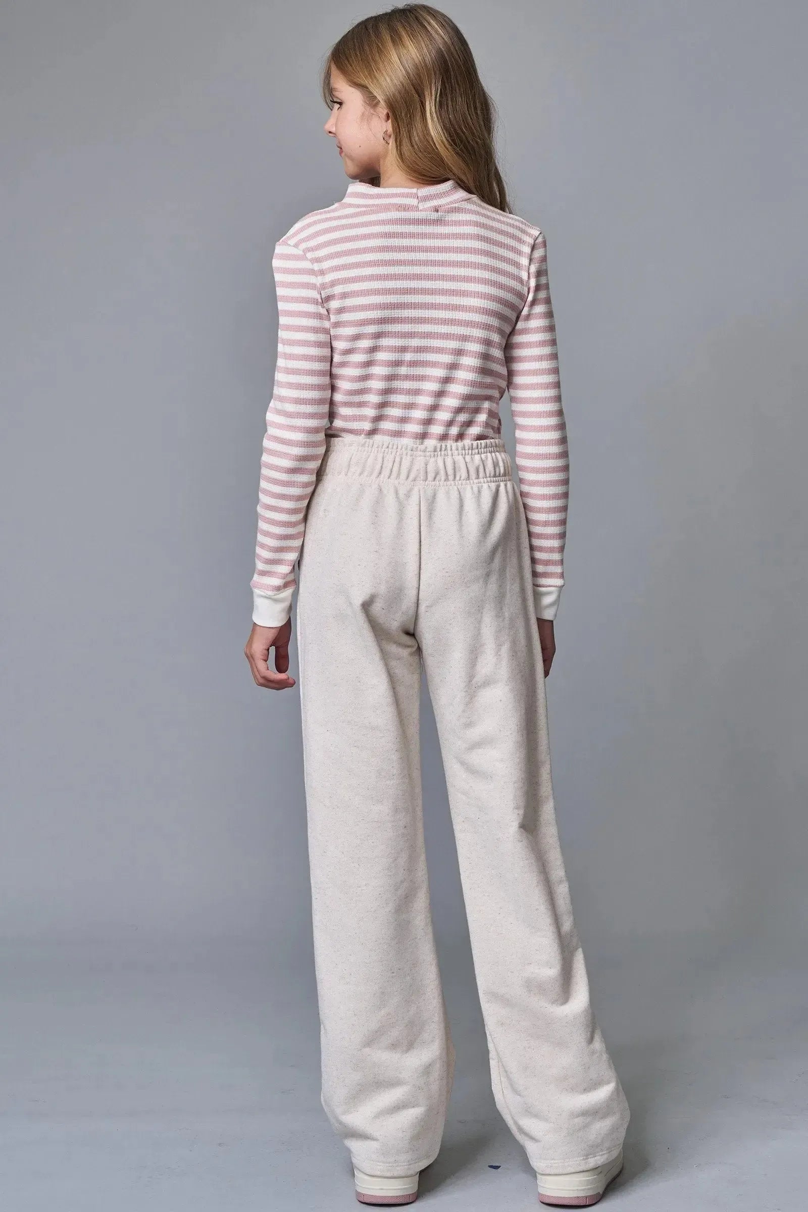 Conjunto de Blusa Boxy em Malha Waflle Listrada e Calça Wide Leg em Moletom sem Pelúcia 91696 Lilimoon Teen Menina