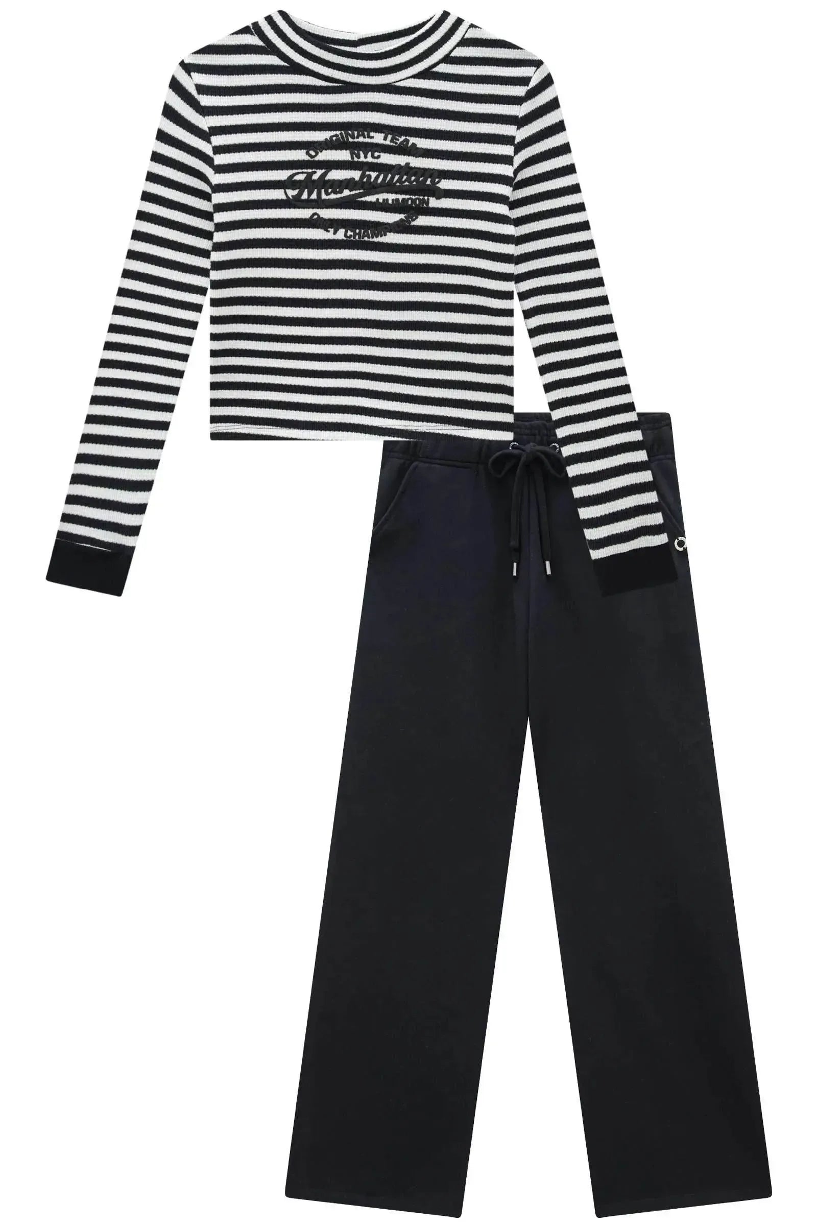 Conjunto de Blusa Boxy em Malha Waflle Listrada e Calça Wide Leg em Moletom sem Pelúcia 91696 Lilimoon Teen Menina
