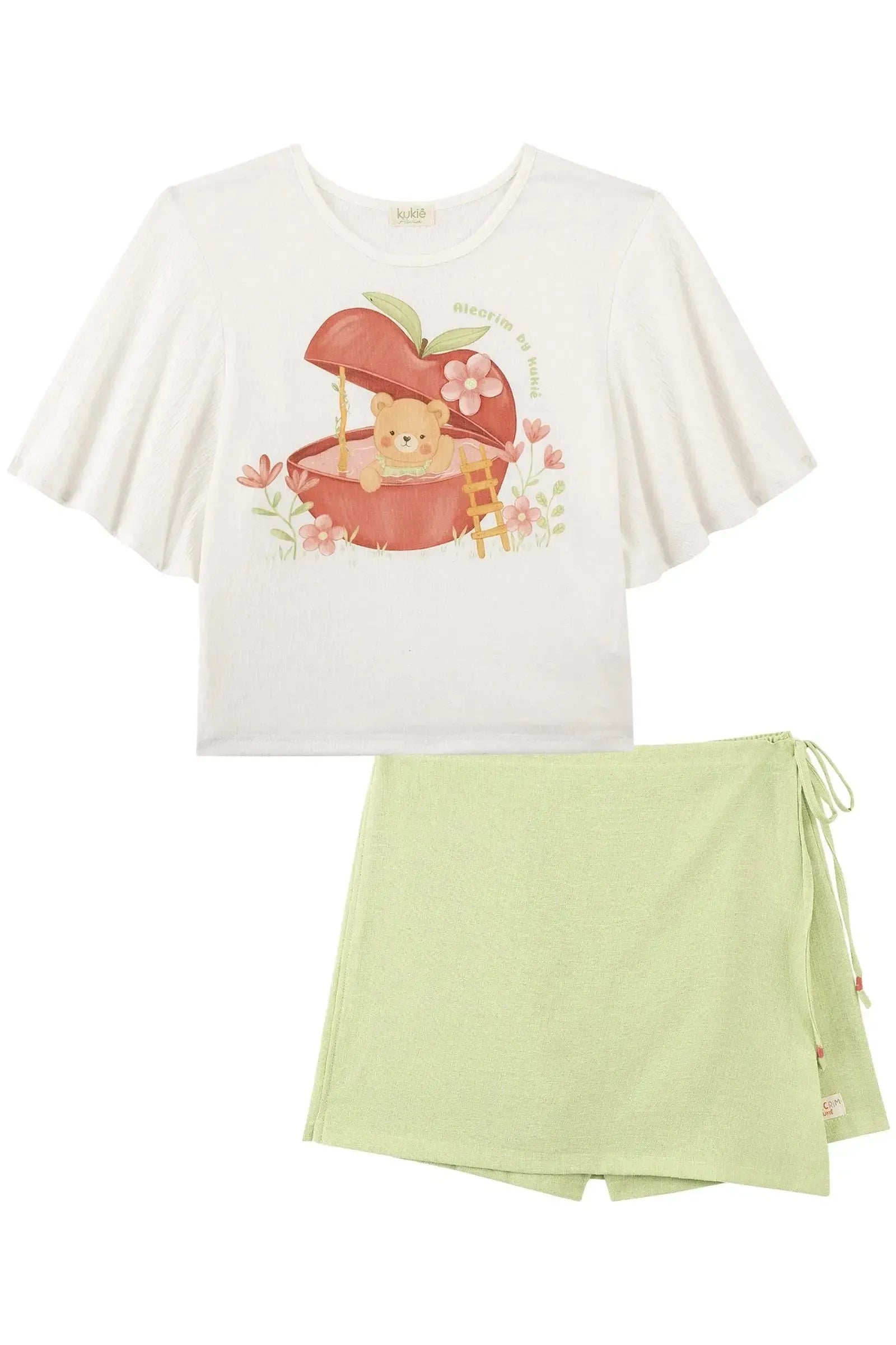 Conjunto de Blusa Boxy em Malha Wave e Short Saia em Tecido Texturizado 93014 Kukiê Infantil Menina