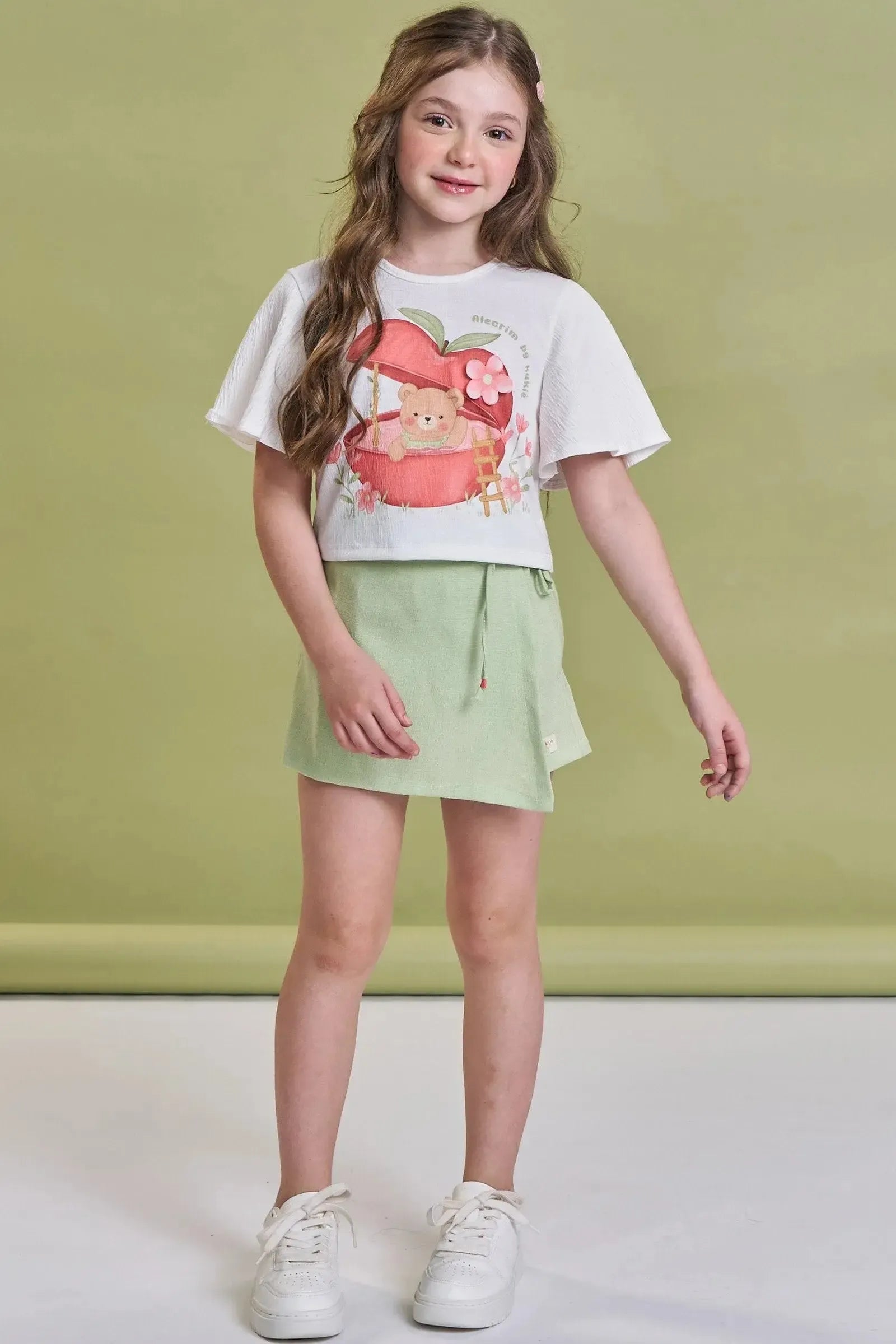 Conjunto de Blusa Boxy em Malha Wave e Short Saia em Tecido Texturizado 93014 Kukiê Infantil Menina