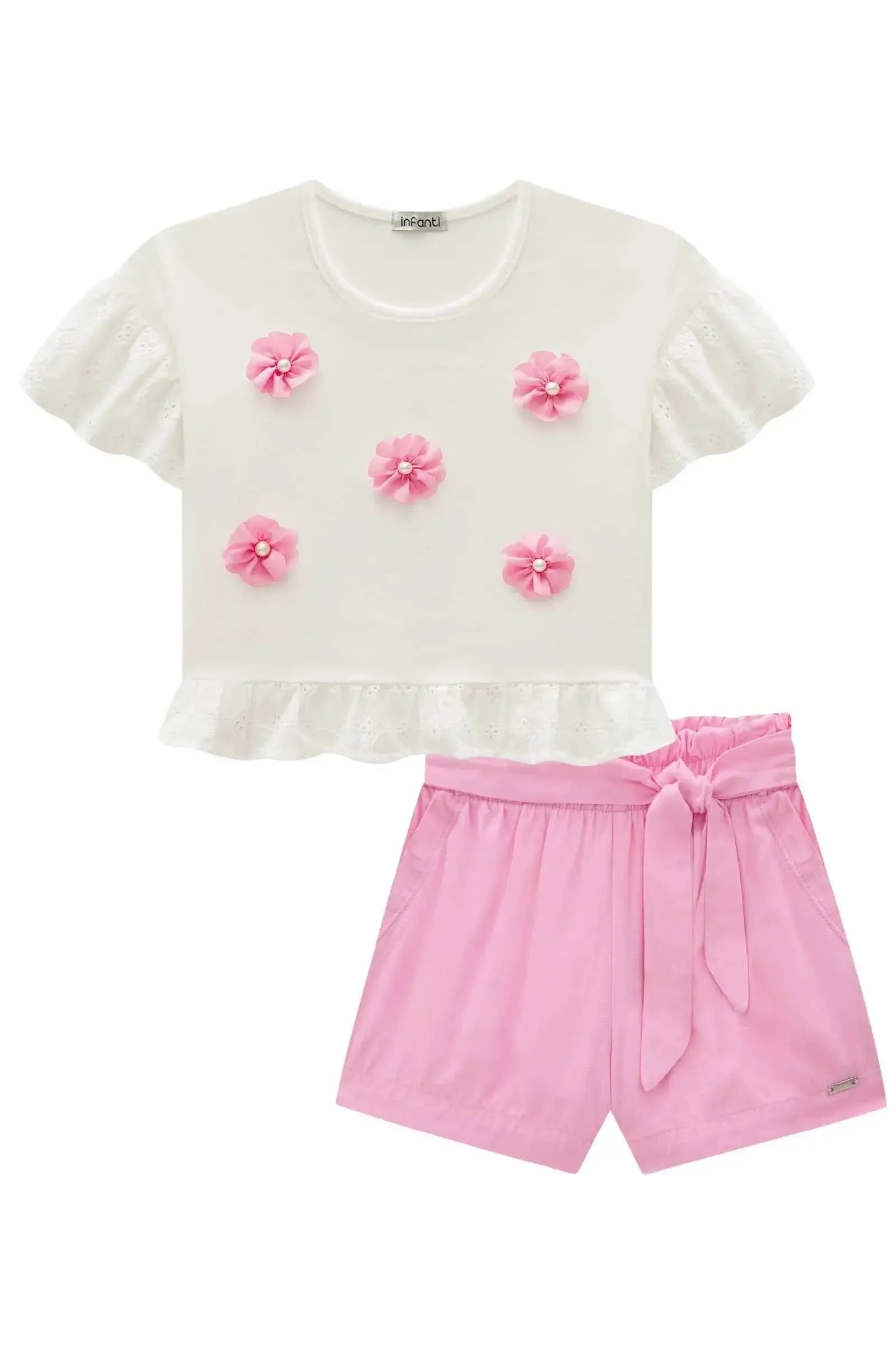 Conjunto de Blusa Boxy em Meia Malha e Laise e Shorts em Viscose Nice 84351 Infanti Infantil Menina