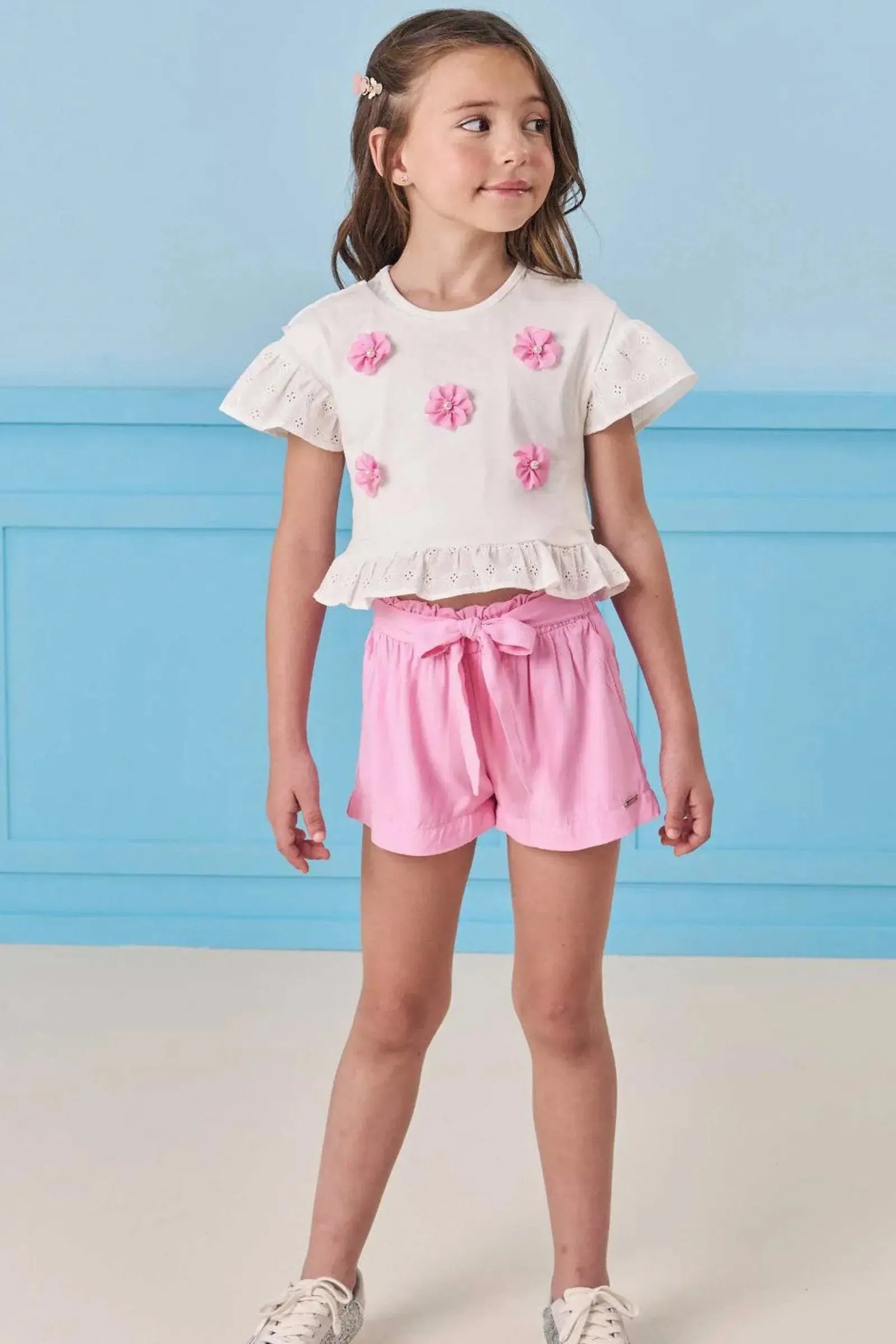 Conjunto de Blusa Boxy em Meia Malha e Laise e Shorts em Viscose Nice 84351 Infanti Infantil Menina